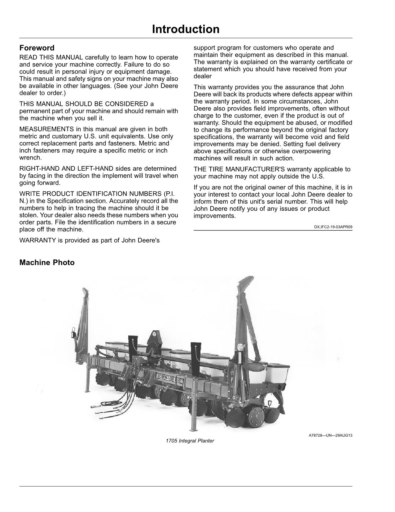 JOHN DEERE 1705  1735 PLANTER OPERATORS MANUAL