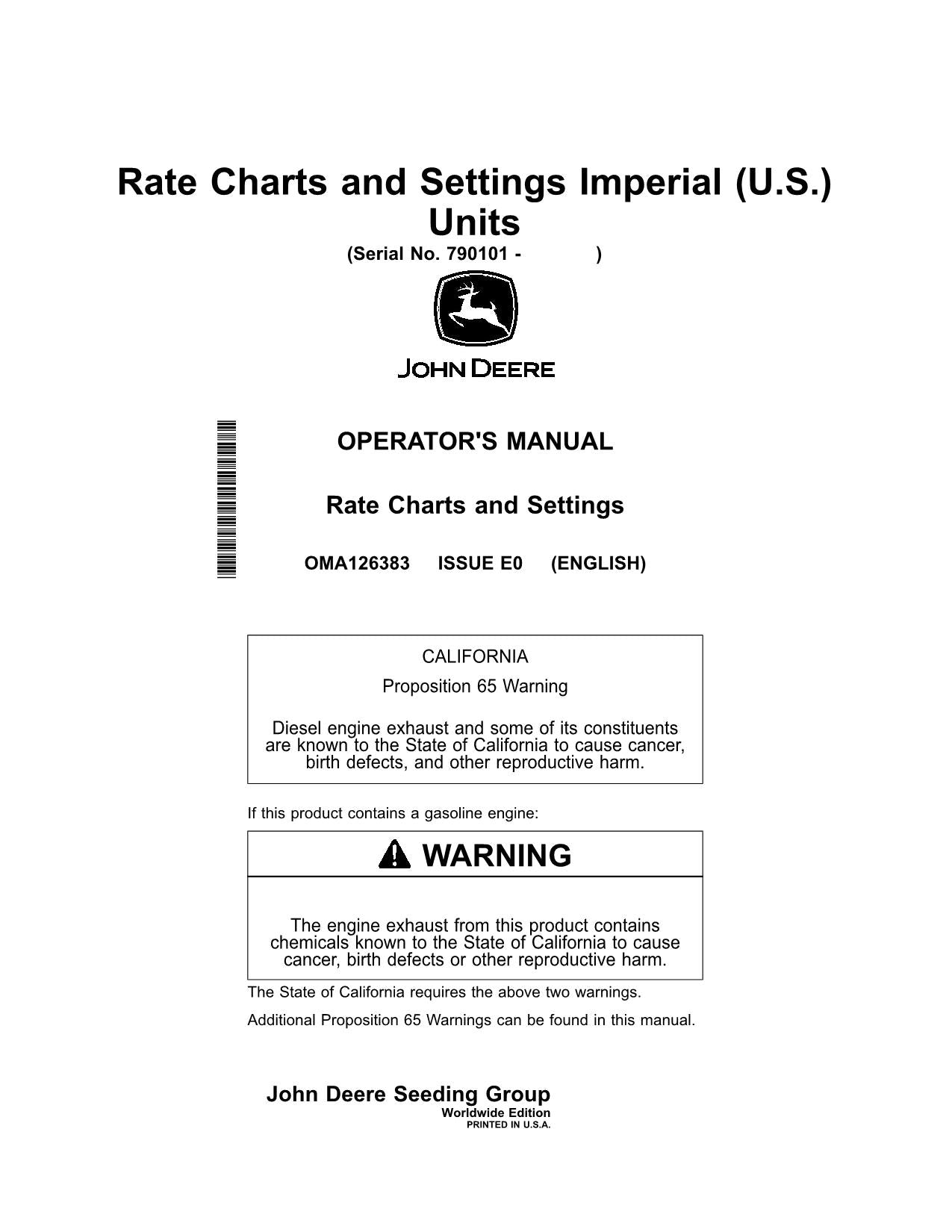 JOHN DEERE RATE CHARTS AND SETTINGS IMPERIAL (U.S.) PLANTER OPERATORS MANUAL