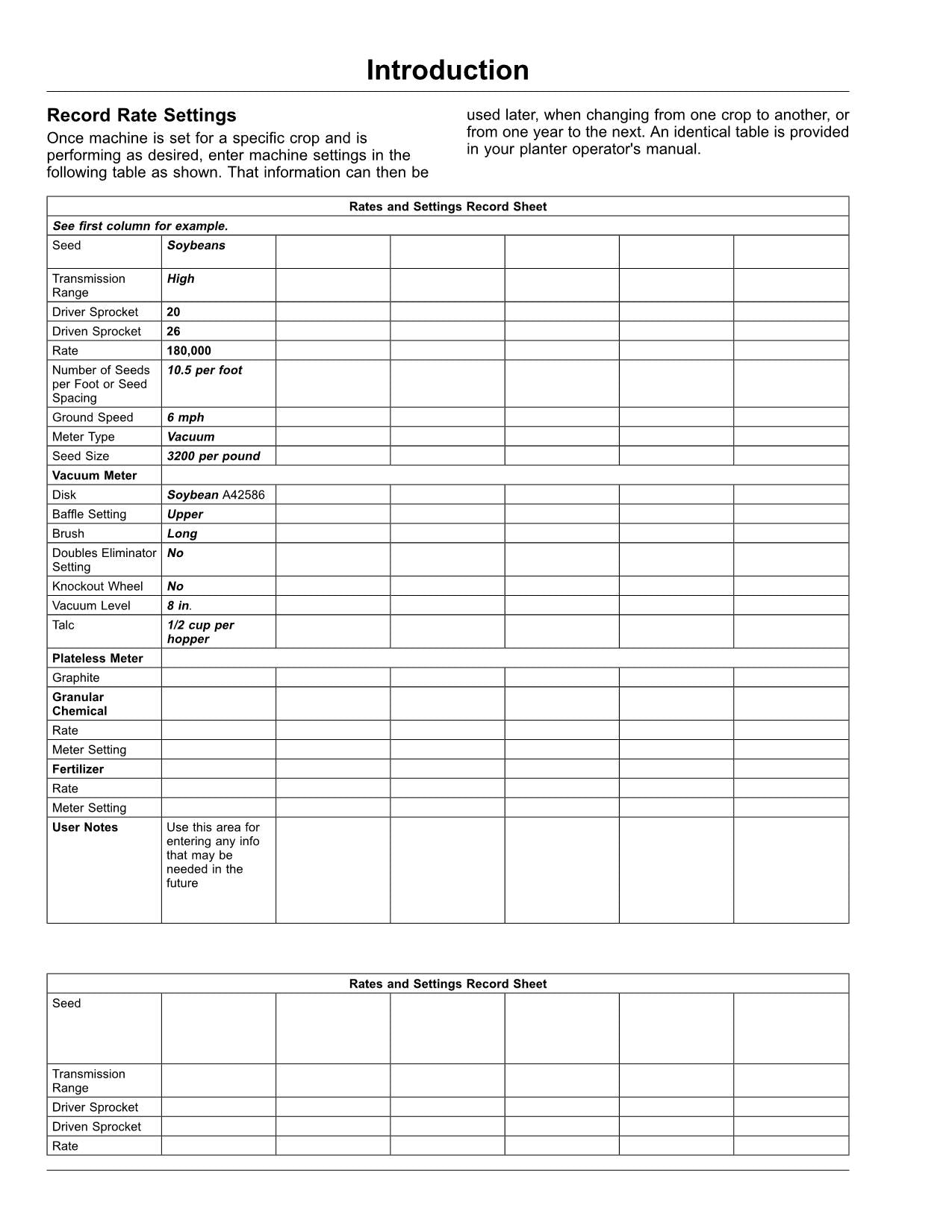 JOHN DEERE RATE CHARTS AND SETTINGS IMPERIAL (U.S.) PLANTER OPERATORS MANUAL