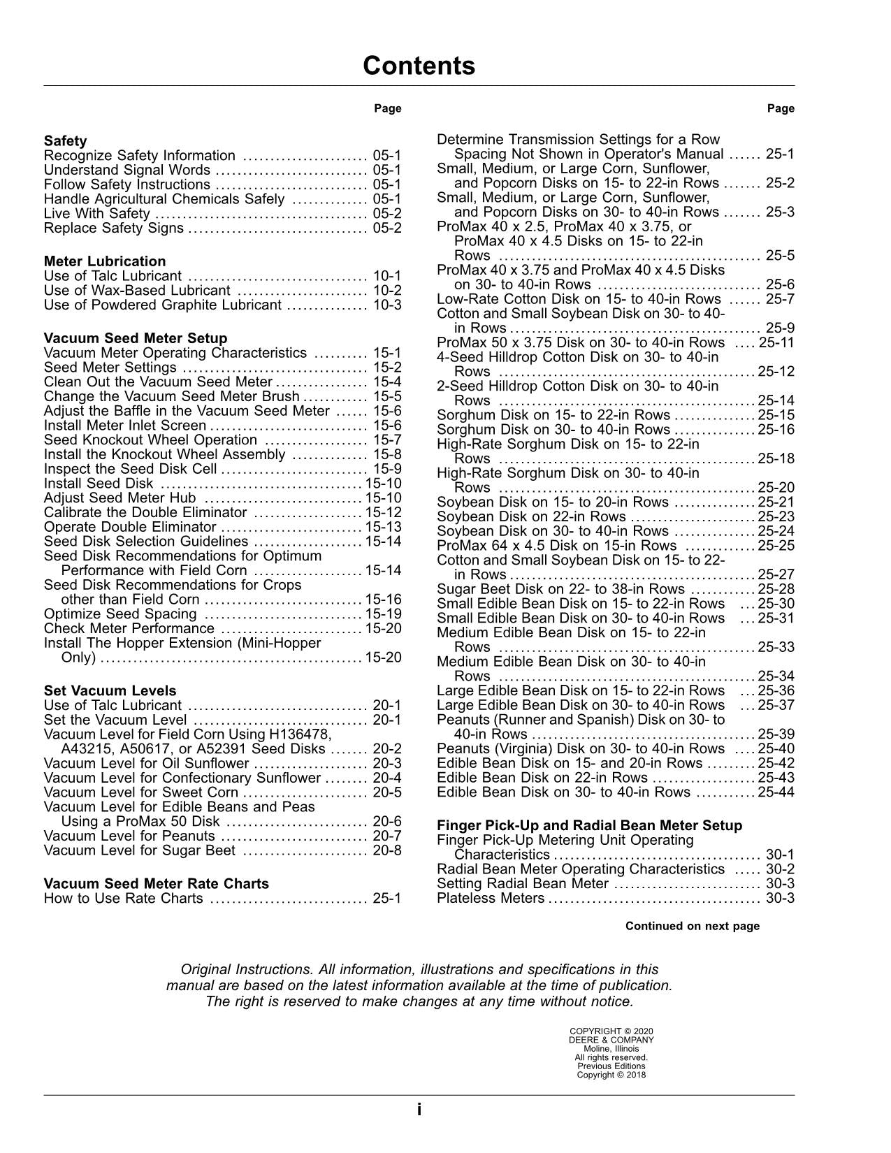 JOHN DEERE RATE CHARTS AND SETTINGS IMPERIAL (U.S.) PLANTER OPERATORS MANUAL