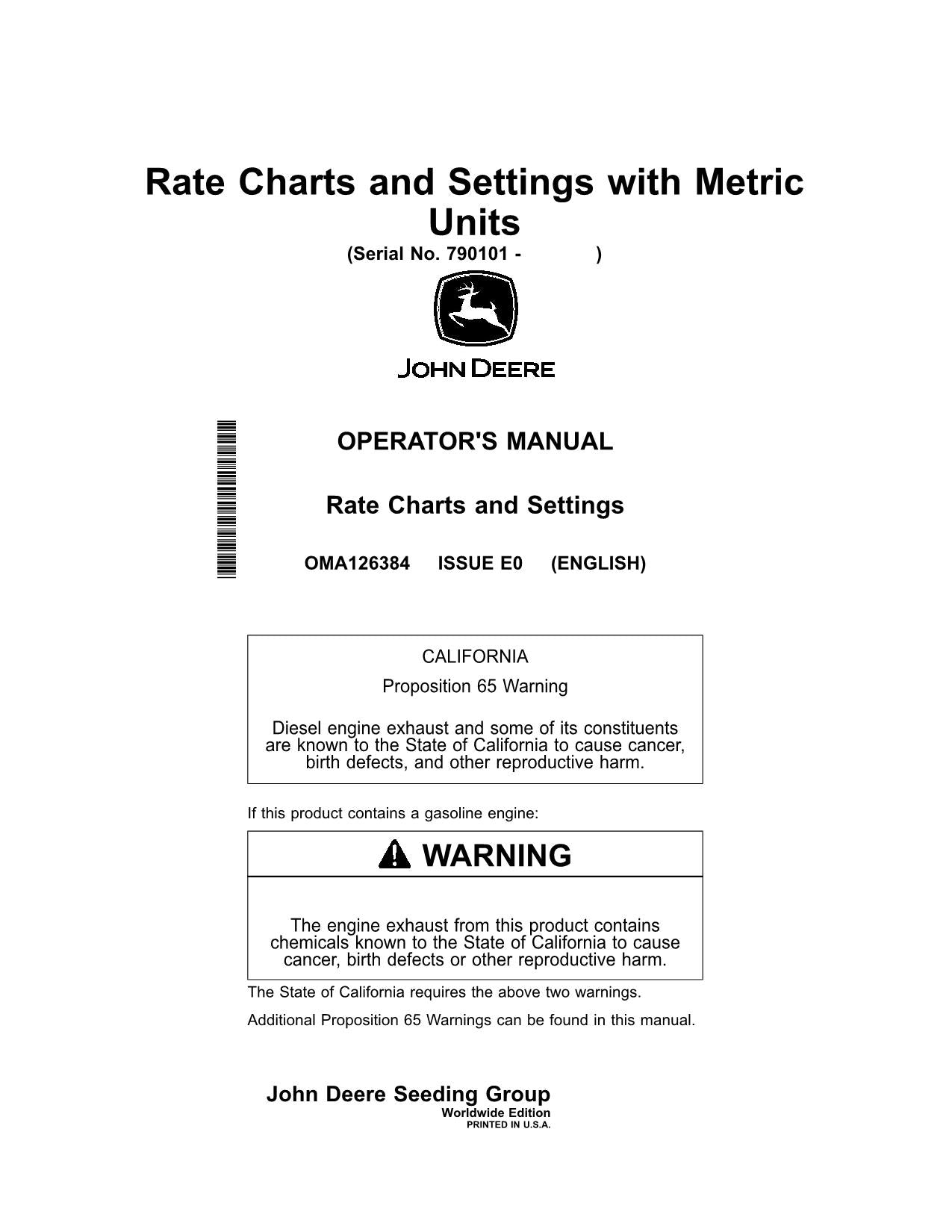 JOHN DEERE RATE-TABELLEN UND EINSTELLUNGEN MIT METRISCHEM SÄMASCHINEN-BETRIEBSHANDBUCH NR. 1