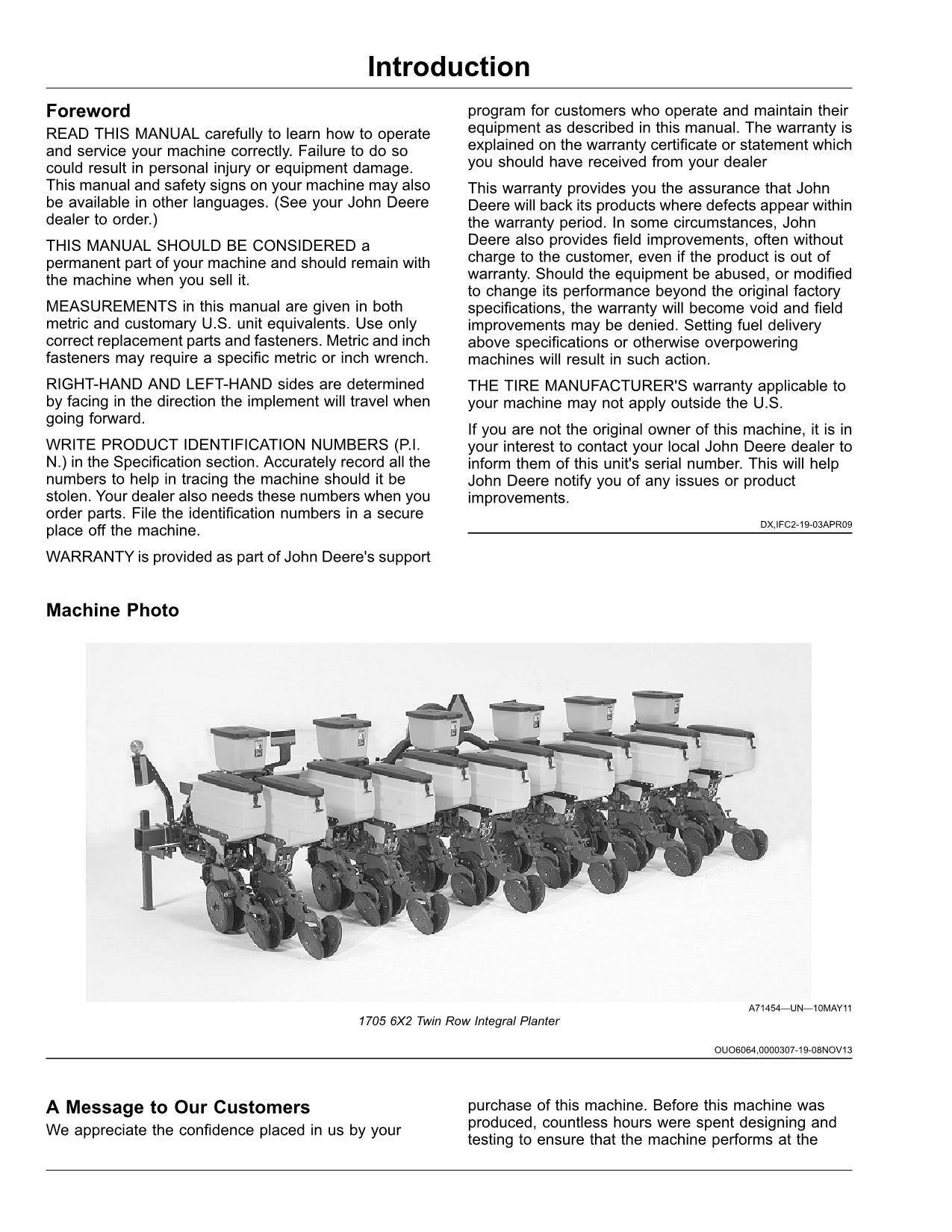 JOHN DEERE 1705 6X2 TWIN ROW PLANTER OPERATORS MANUAL