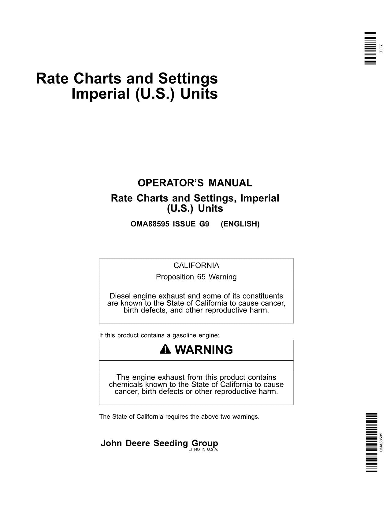 JOHN DEERE RATE CHARTS SETTINGS STANDARD UNITS PLANTER OPERATORS MANUAL