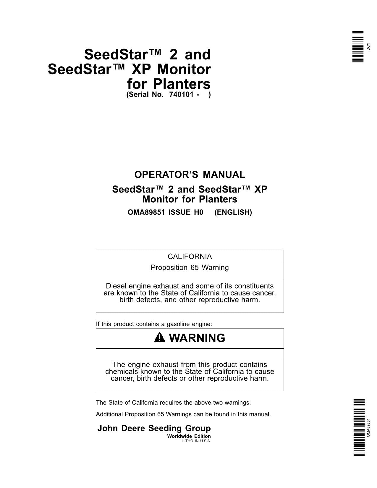 JOHN DEERE SEEDSTAR 2 SEEDSTAR XP MONITOR PLANTER OPERATORS MANUAL -735101