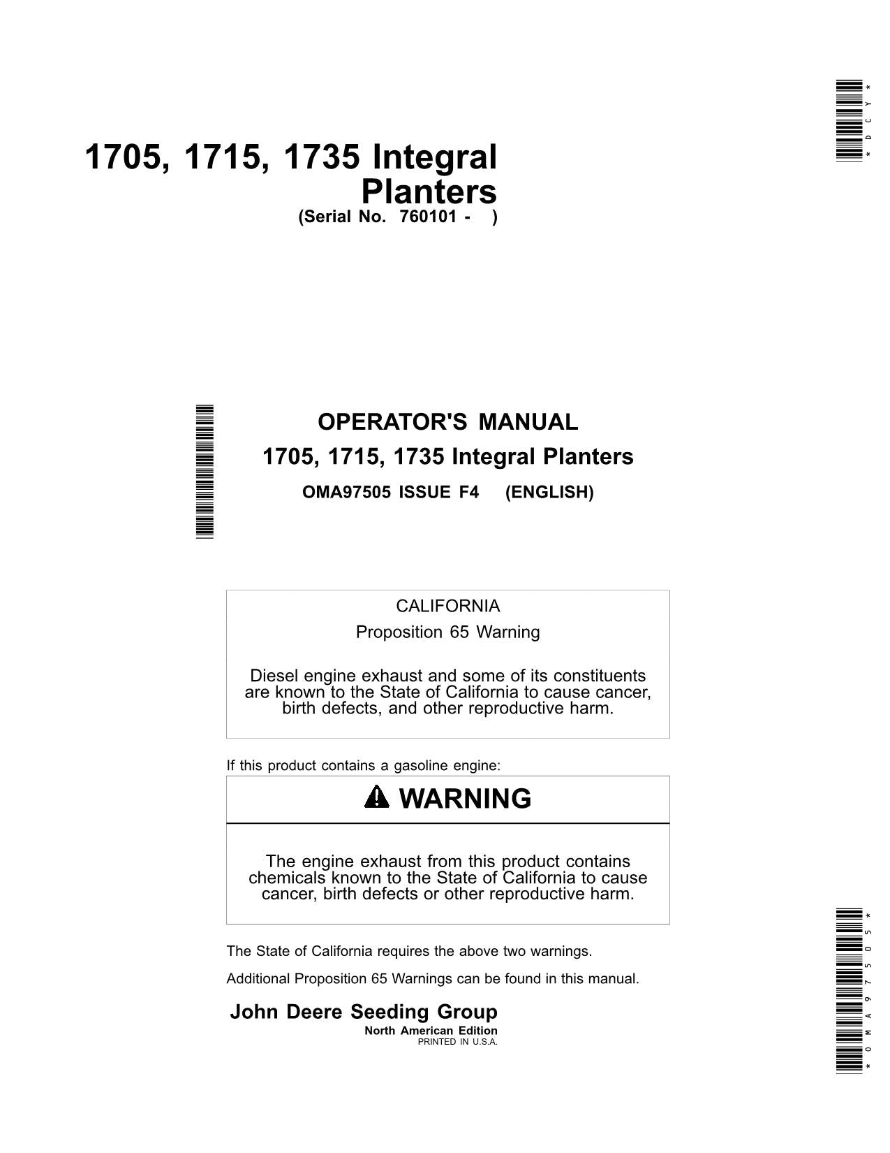 MANUEL D'UTILISATION DU SEMOIR INTÉGRAL JOHN DEERE 1705, 1715 1735 #1