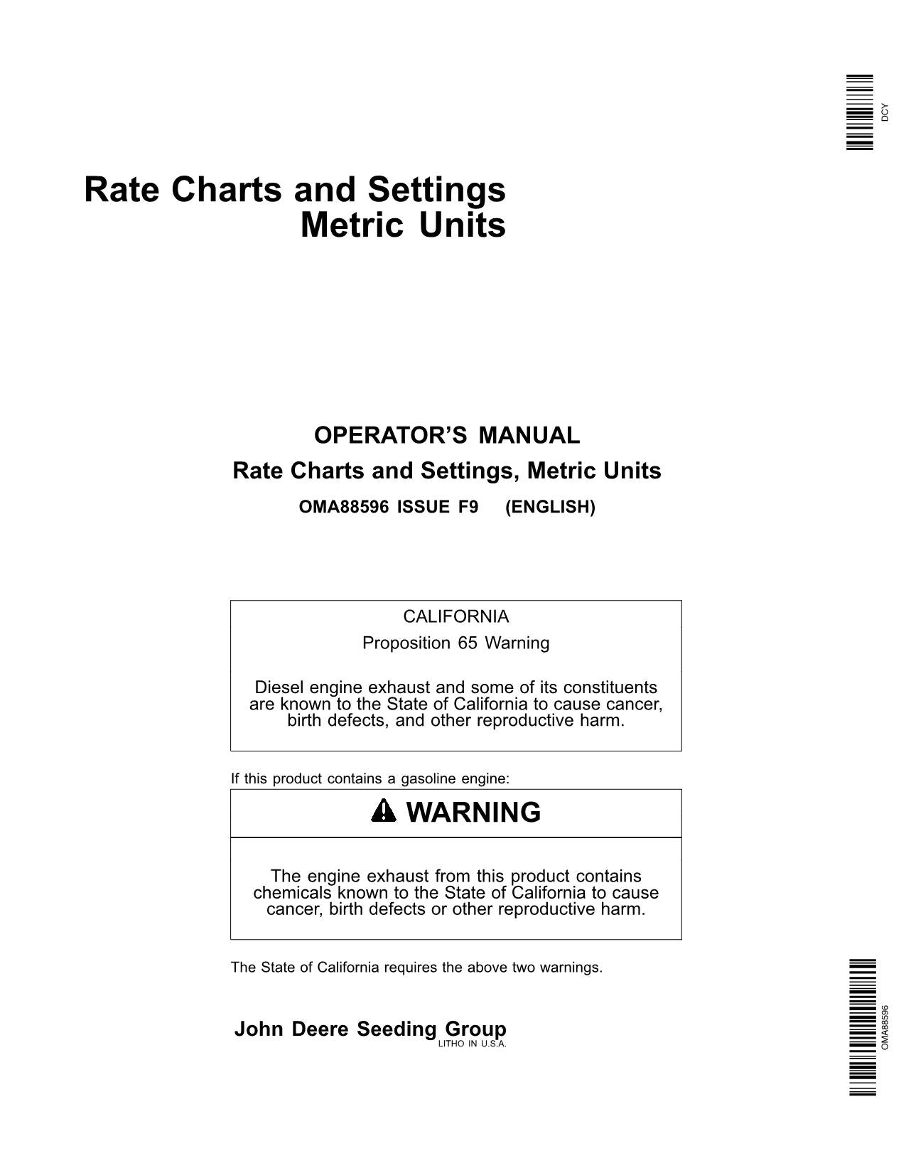 JOHN DEERE RATE CHARTS EINSTELLUNGEN METRISCHEN EINHEITEN 735101-410100 SÄMASCHINE OPERATORS MANUAL