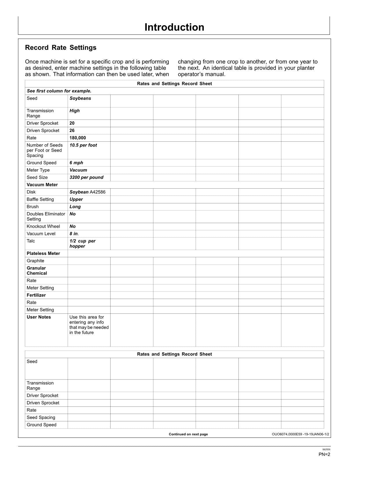 JOHN DEERE RATE CHARTS SETTINGS METRIC UNITS 735101-410100 PLANTER OPERATORS MANUAL