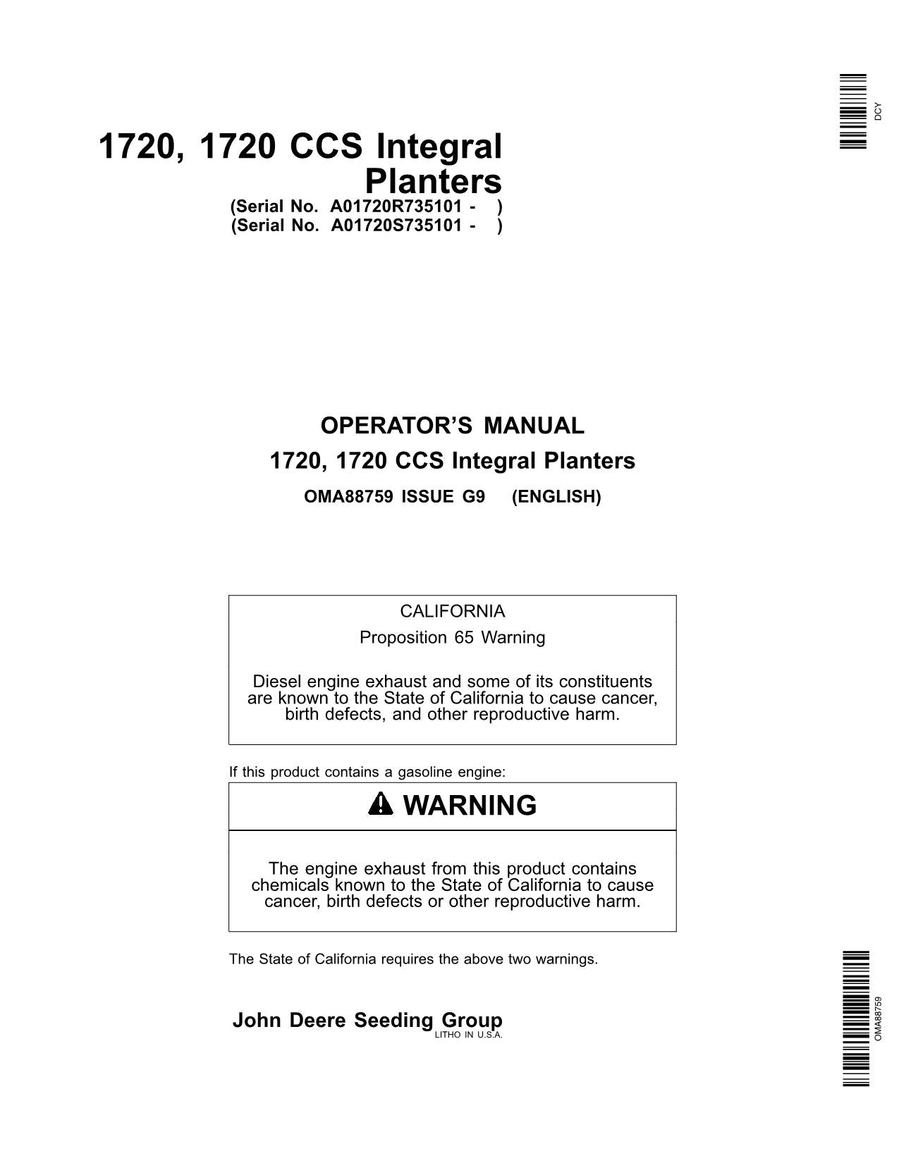 JOHN DEERE 1720 1720 CCS PLANTER OPERATORS MANUAL #1