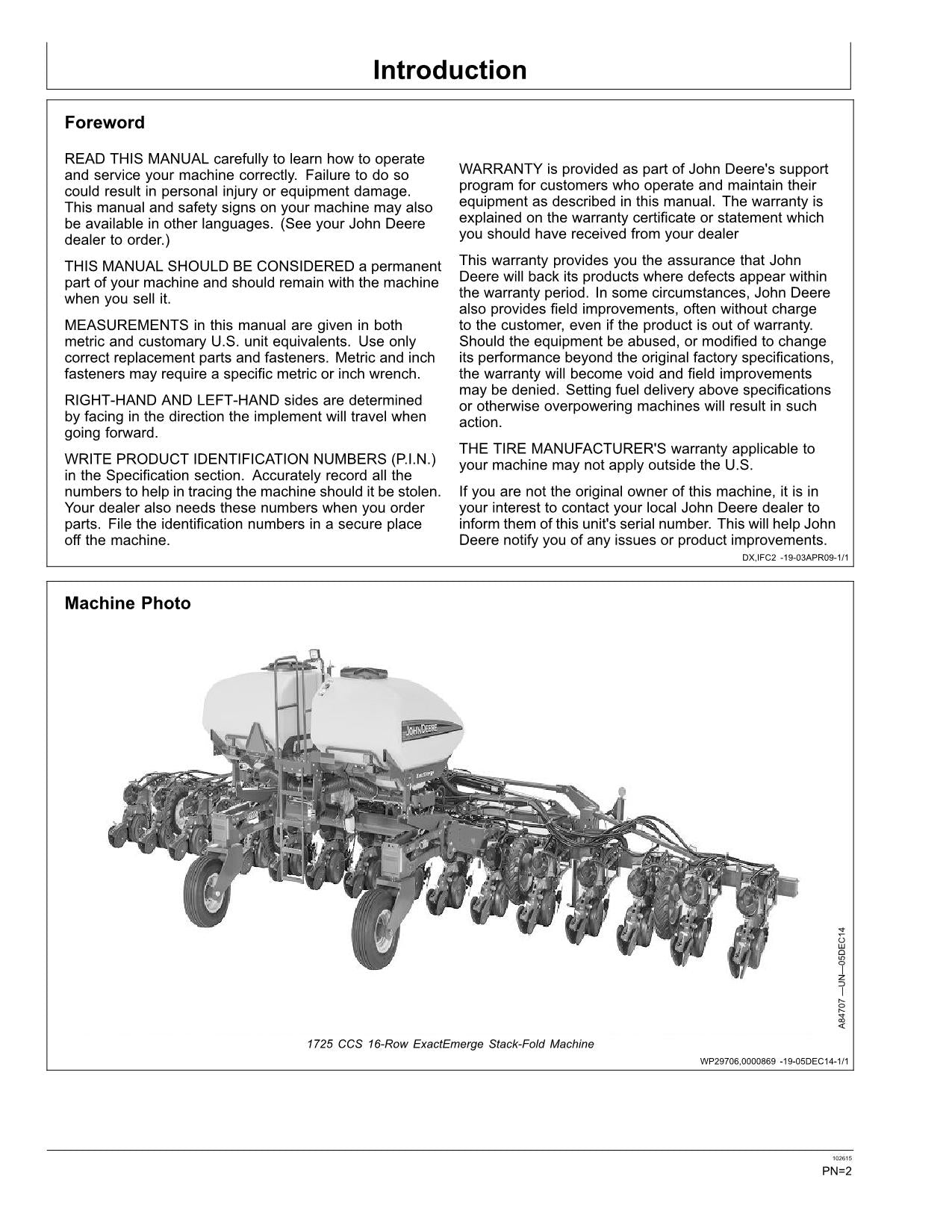 MANUEL D'UTILISATION DU SEMOIR JOHN DEERE 1725 #1