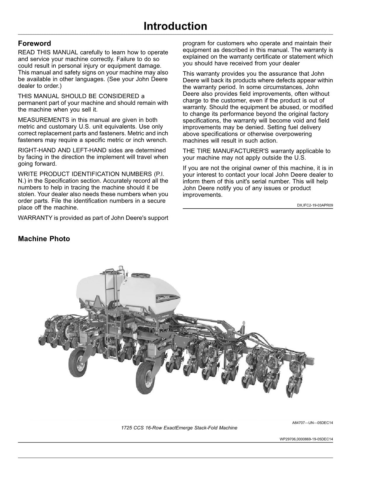 MANUEL D'UTILISATION DU SEMOIR JOHN DEERE 1725 EXACTEMERGE 1725 MAXEMERG 5E