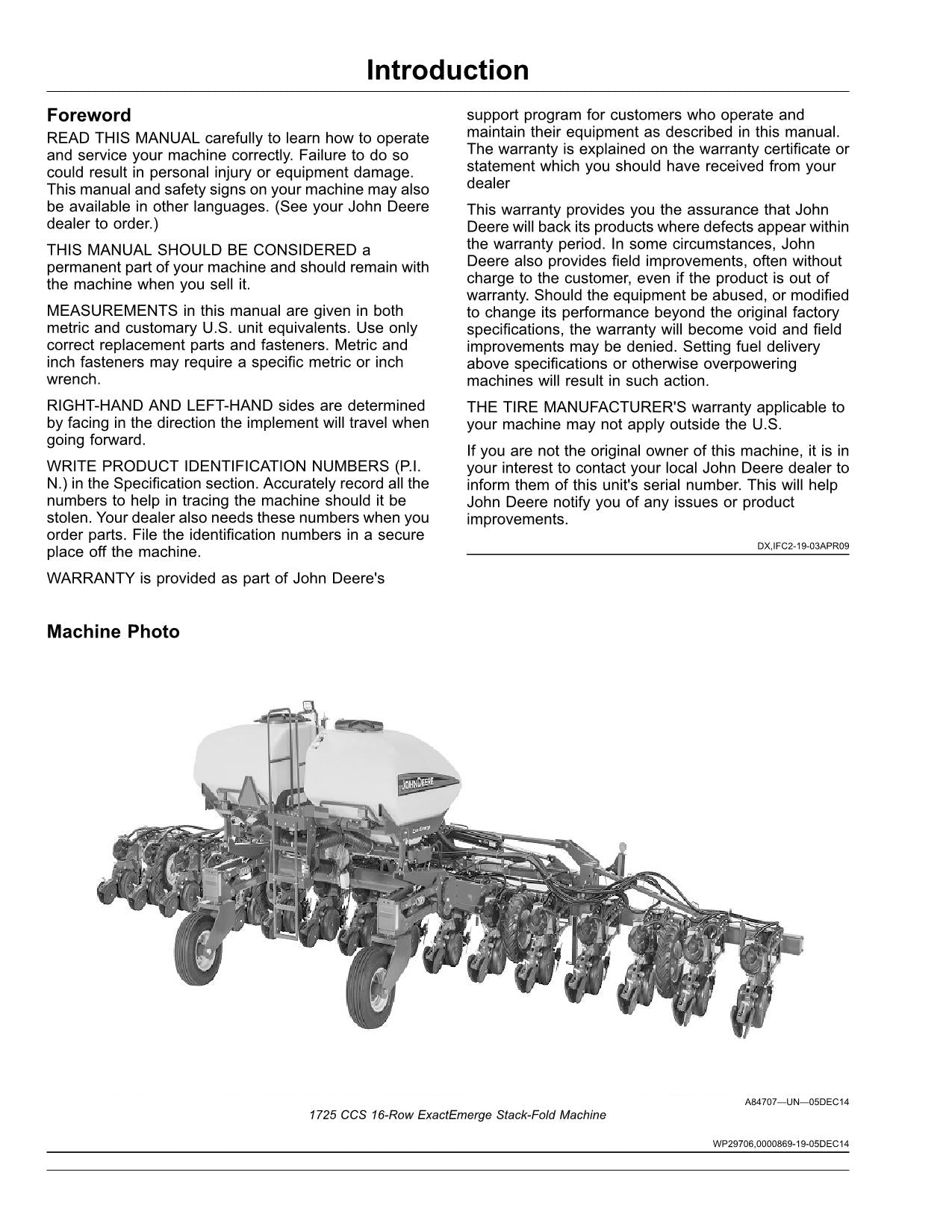 JOHN DEERE 1725CCS 1725 EXACTEMERGE 1725 MAXEMERGE 5E SÄMASCHINE BEDIENUNGSANLEITUNG