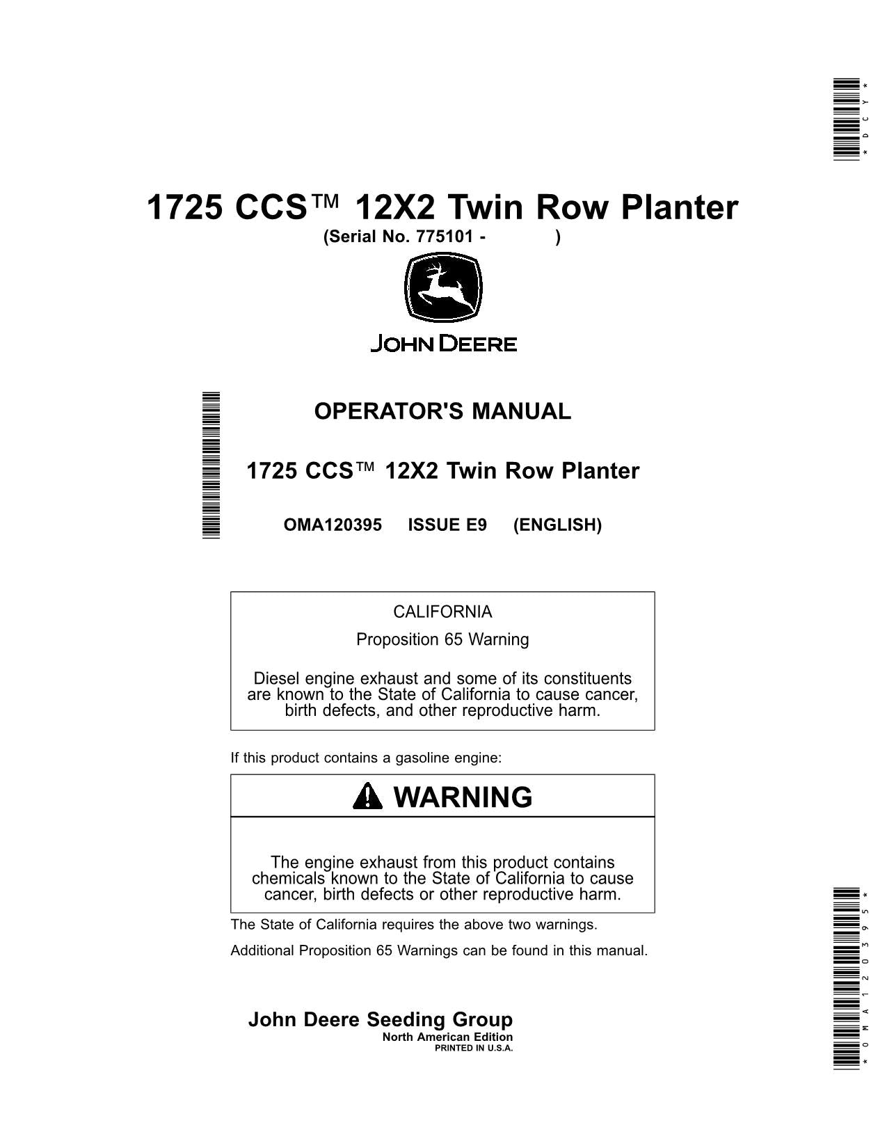 JOHN DEERE 1725 CCS 12X2 TWIN ROW PLANTER OPERATORS MANUAL