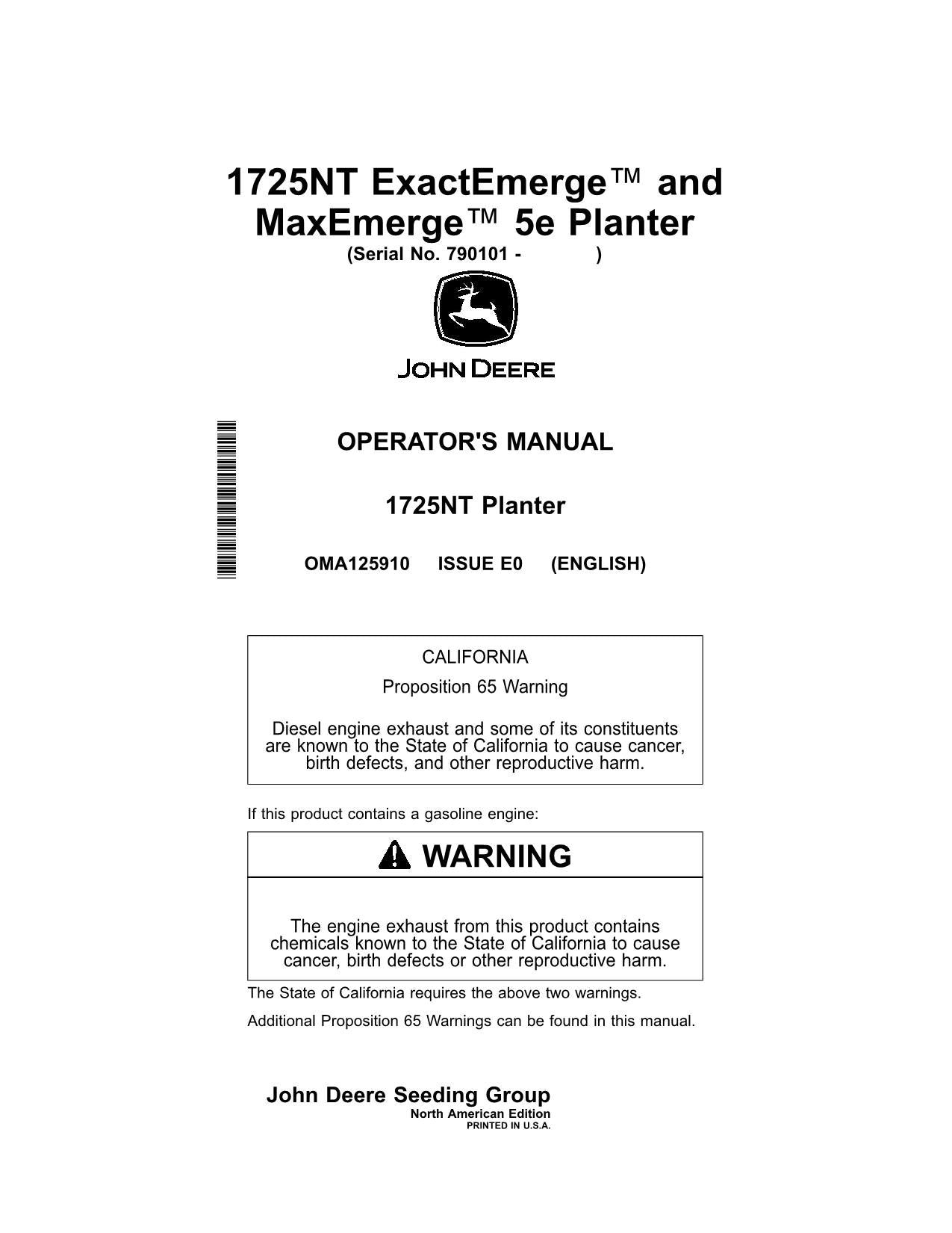 MANUEL D'UTILISATION DU SEMOIR JOHN DEERE 1725C EXACTEMERGE MAXEMERGE 5E OMA125910