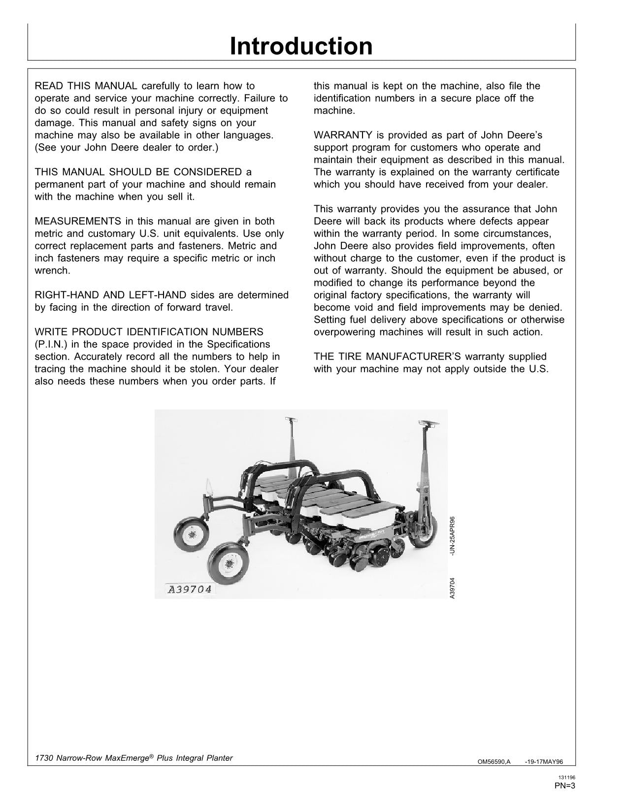 JOHN DEERE 1730 PLANTER OPERATORS MANUAL #1