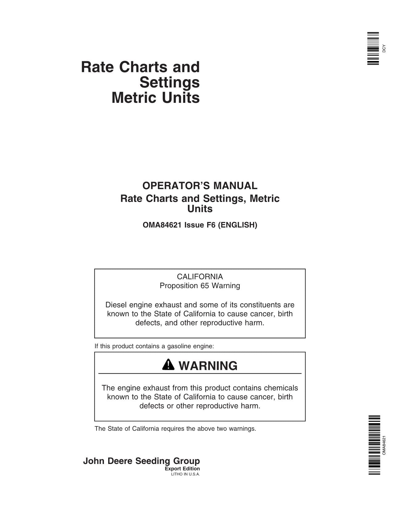 JOHN DEERE RATE CHARTS SETTINGS METRIC UNITS PLANTER OPERATORS MANUAL #2