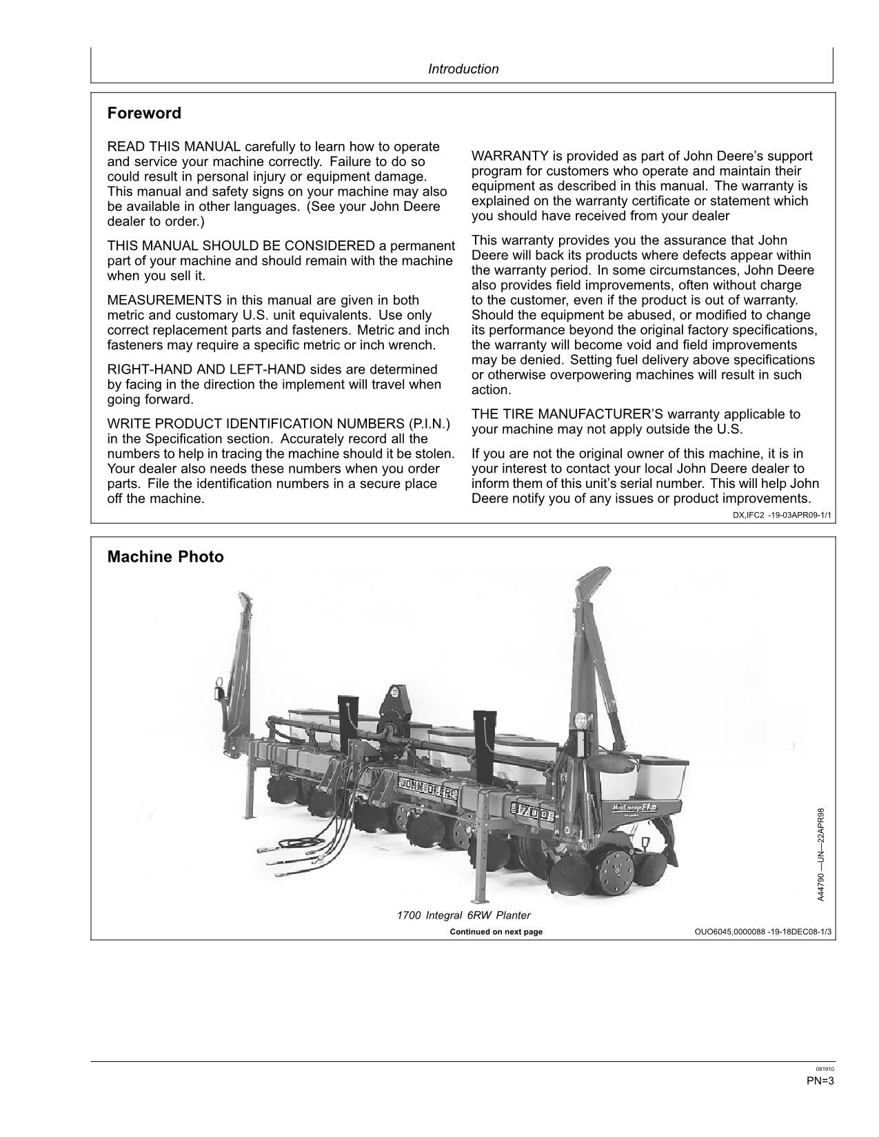 JOHN DEERE 1700 1730 1710 PLANTER OPERATORS MANUAL #2