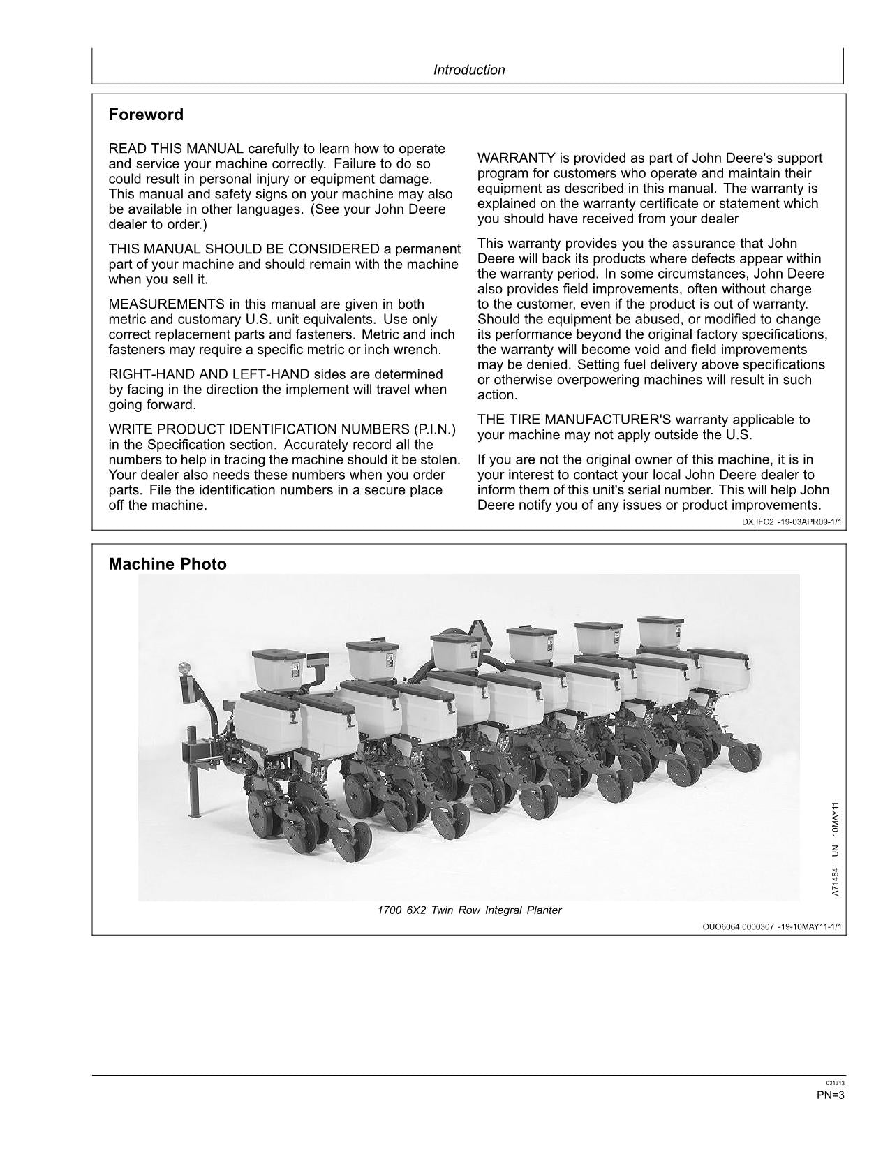 JOHN DEERE 1700 PLANTER OPERATORS MANUAL #3