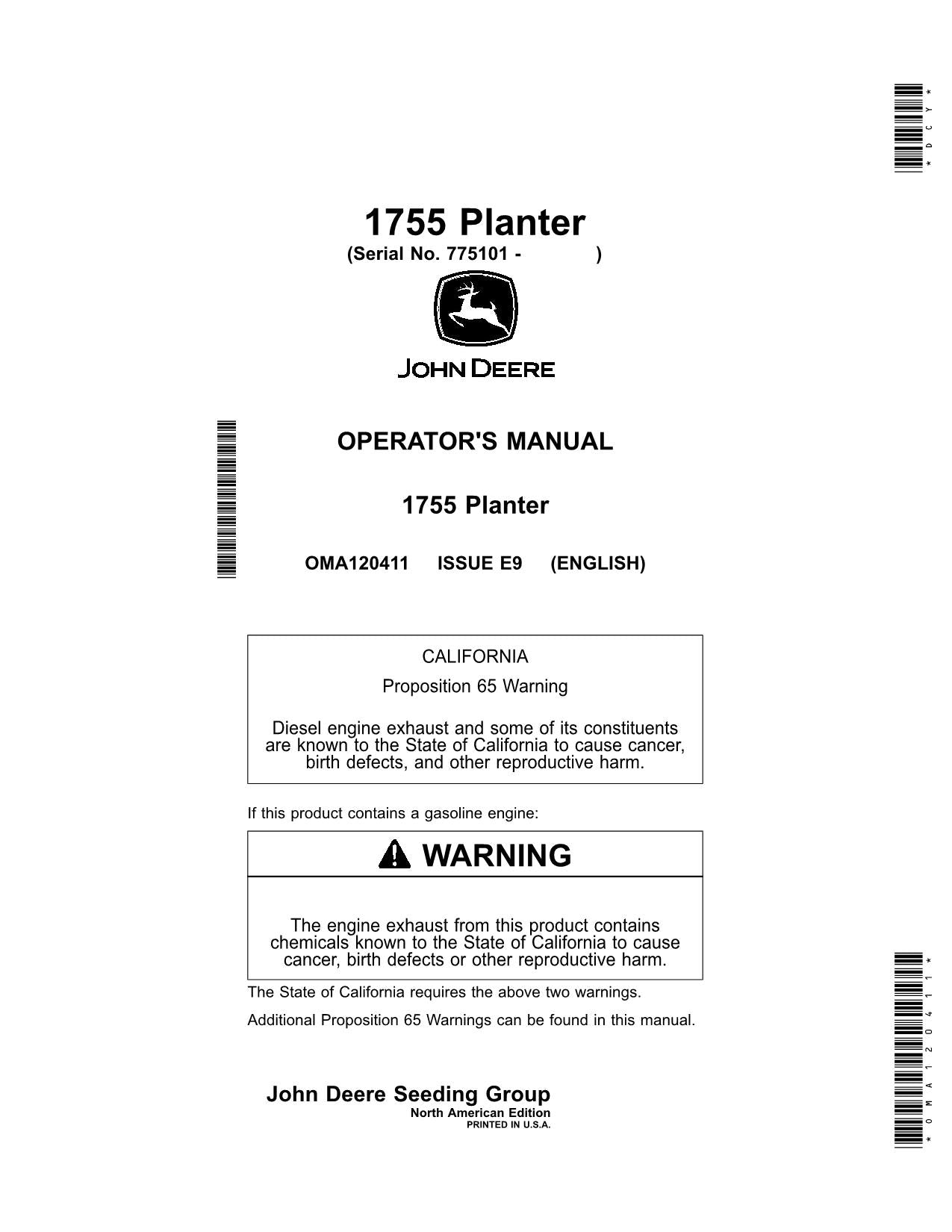 JOHN DEERE 1755 PLANTER OPERATORS MANUAL #1