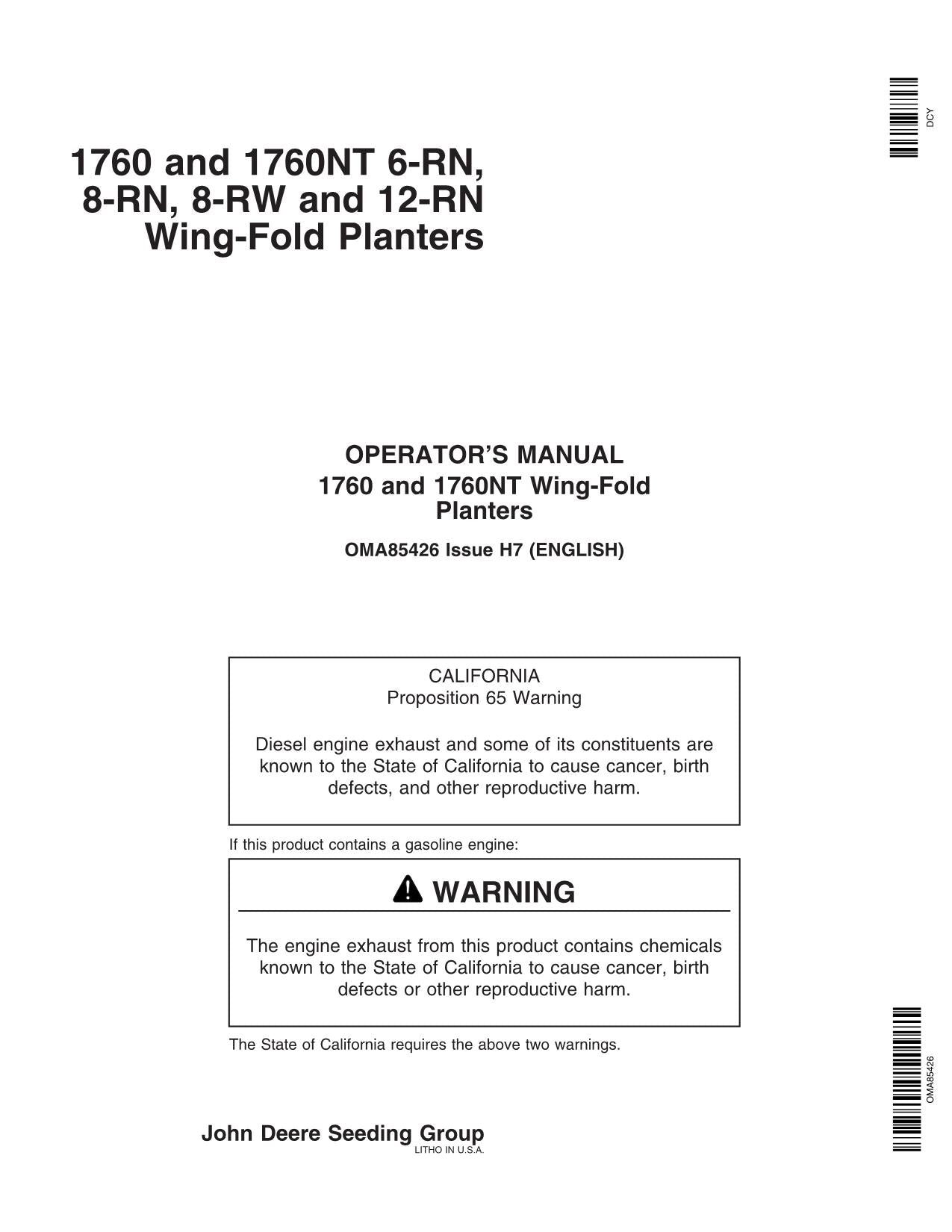 JOHN DEERE 1760 1760NT 6-RN 8-RN 8-RW WING-FOLD PLANTER OPERATORS MANUAL #7