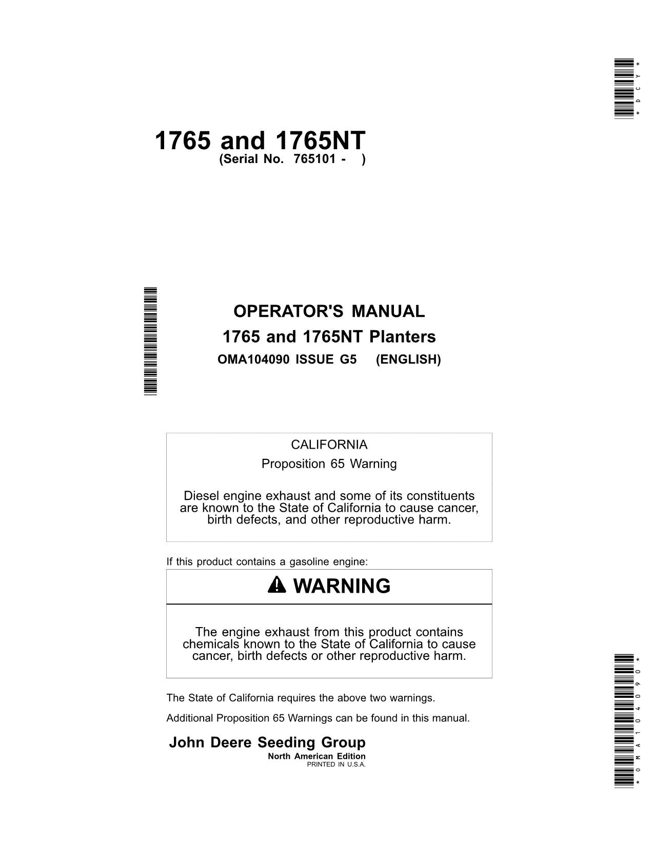 JOHN DEERE 1765 1765NT PLANTER OPERATORS MANUAL #2