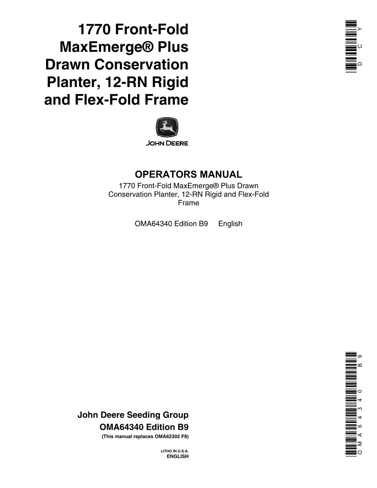 JOHN DEERE 1770 PLANTER OPERATORS MANUAL #3