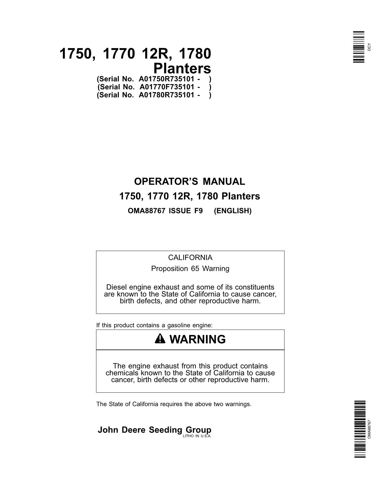 JOHN DEERE 1780 1770 PLANTER OPERATORS MANUAL #7