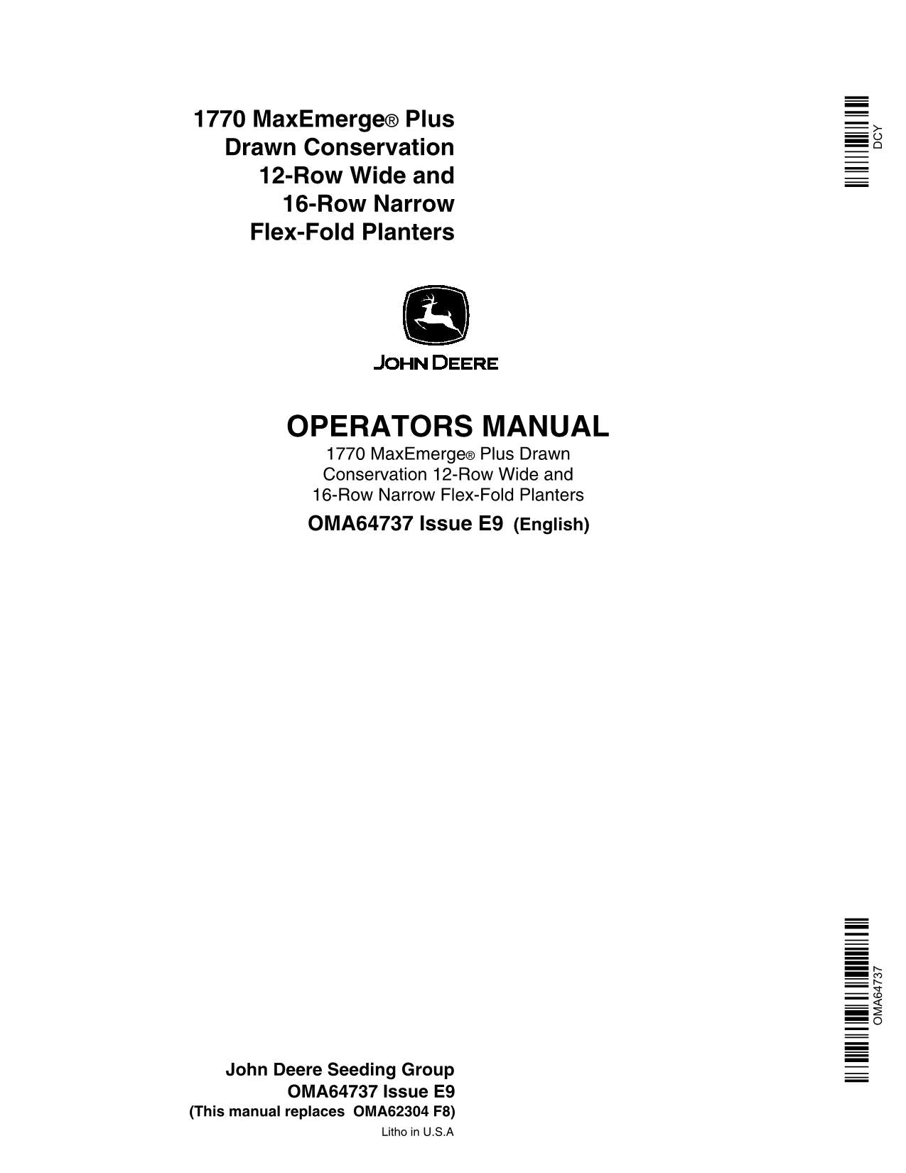 JOHN DEERE 1770 PLANTER OPERATORS MANUAL serial 685101-690999