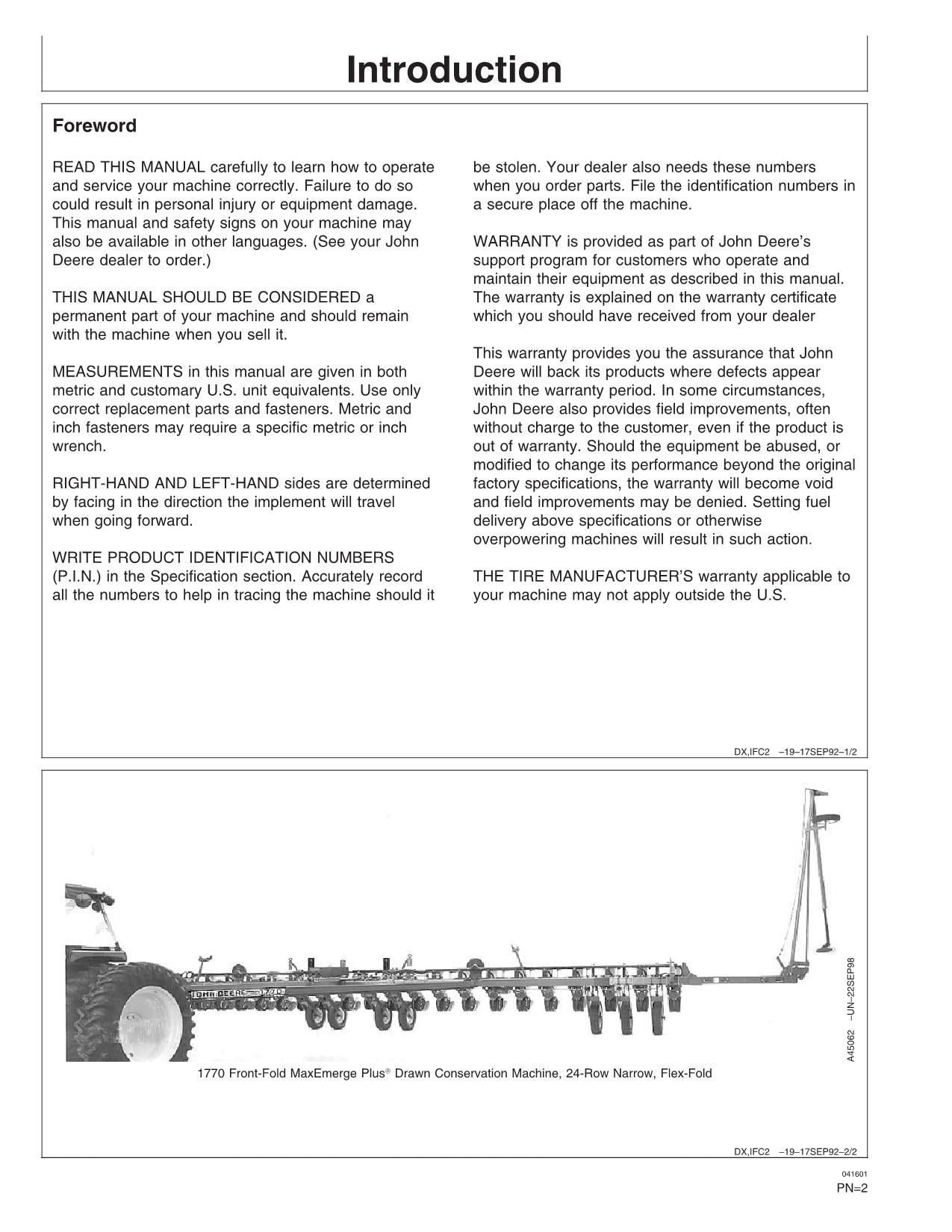 MANUEL D'UTILISATION DU SEMOIR JOHN DEERE 1770 série 695101-695999