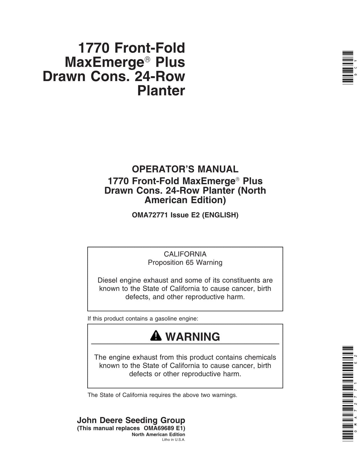 JOHN DEERE 1770 PLANTER OPERATORS MANUAL OMA72771