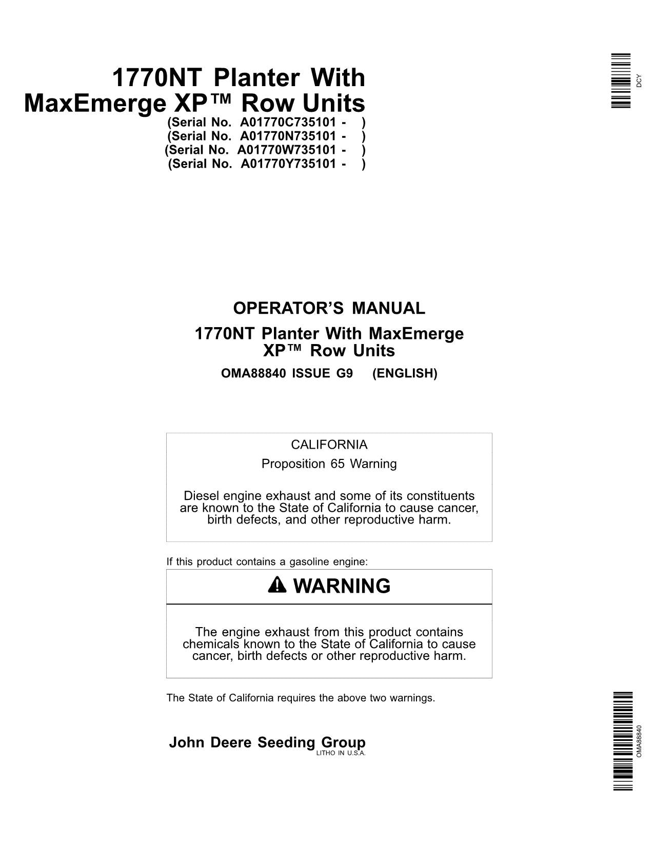 JOHN DEERE 1770NT PLANTER OPERATORS MANUAL #27