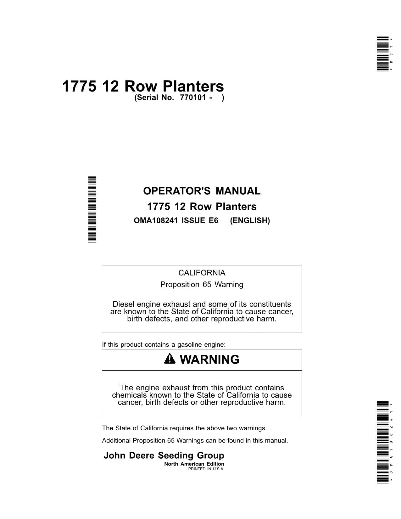 JOHN DEERE 1775 PLANTER OPERATORS MANUAL #1