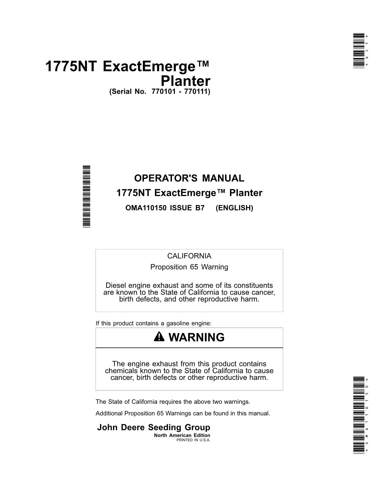 JOHN DEERE 1775NT 12ROW  1775NT 16ROW  1775NT 24ROW PLANTER OPERATORS MANUAL #1