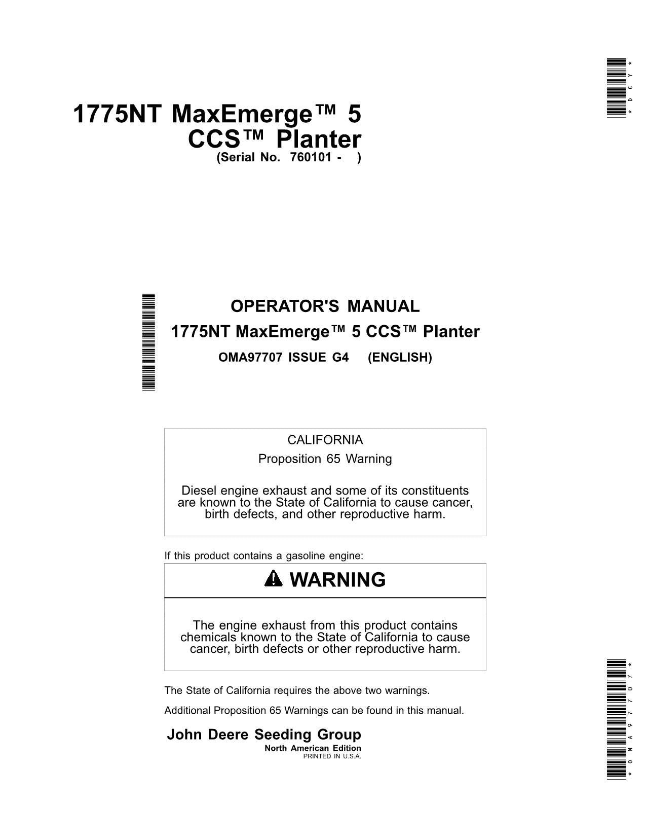 JOHN DEERE 1775NT CCS PLANTER OPERATORS MANUAL #1