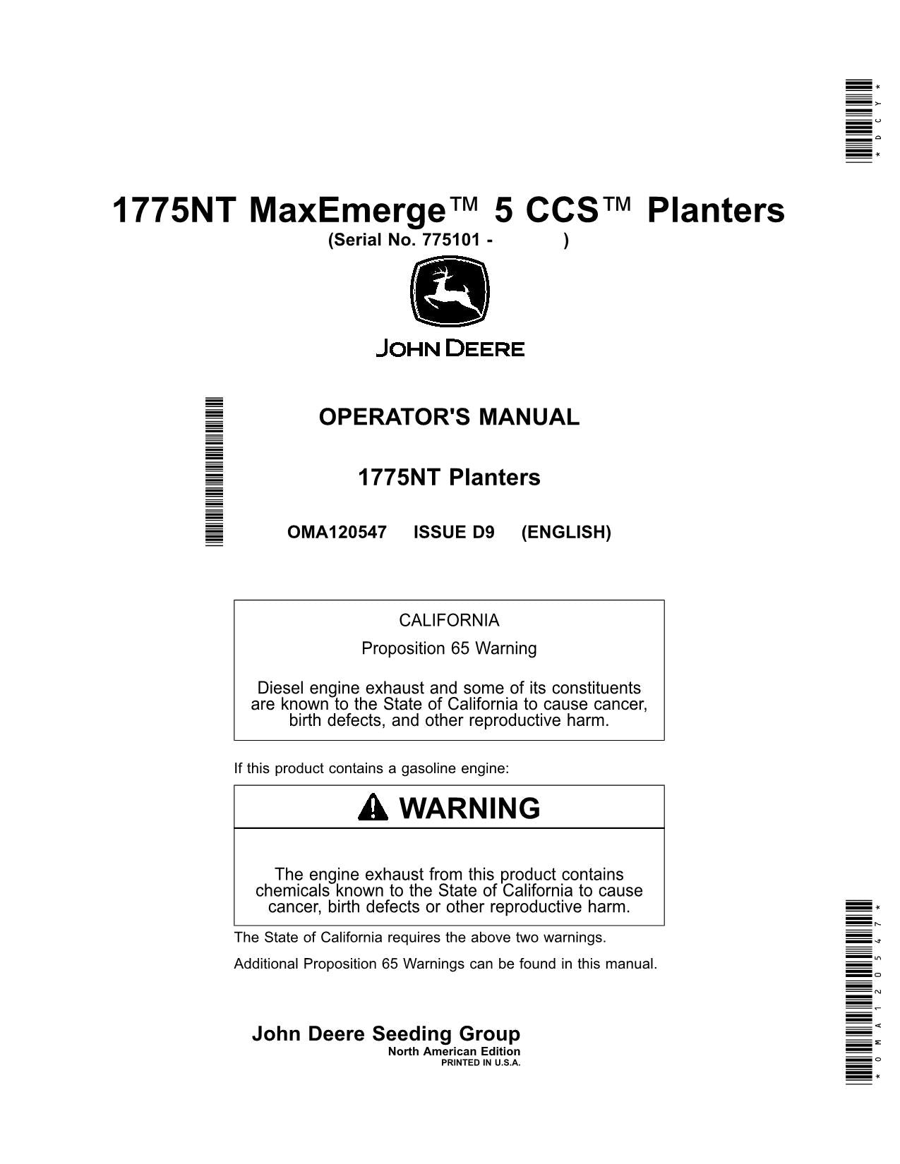 JOHN DEERE MAXEMERGE 5 CCS 12-ROW 1775NT 24-ROW PLANTER OPERATORS MANUAL