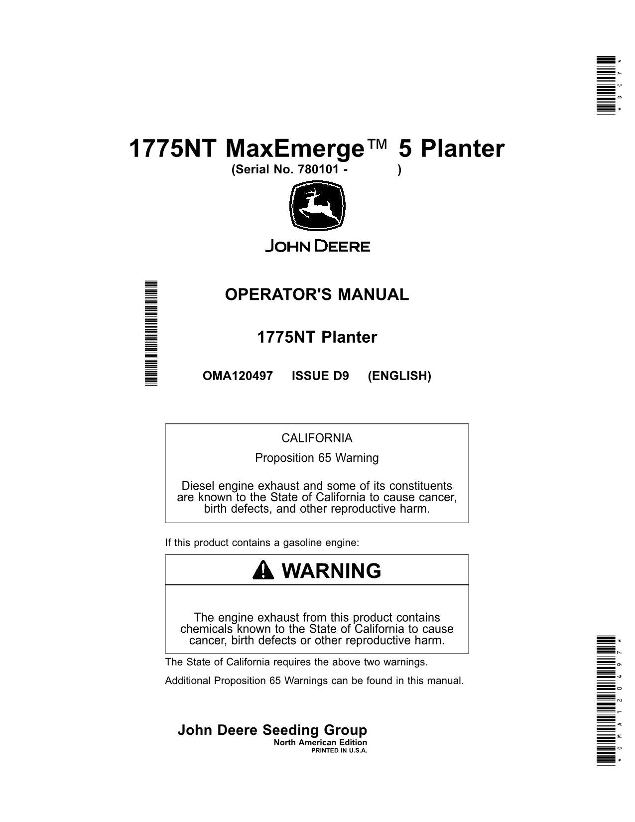 MANUEL D'UTILISATION DU SEMOIR JOHN DEERE 1775NT MAXEMERGE 5 NON CCS 12 16 24 RANGS