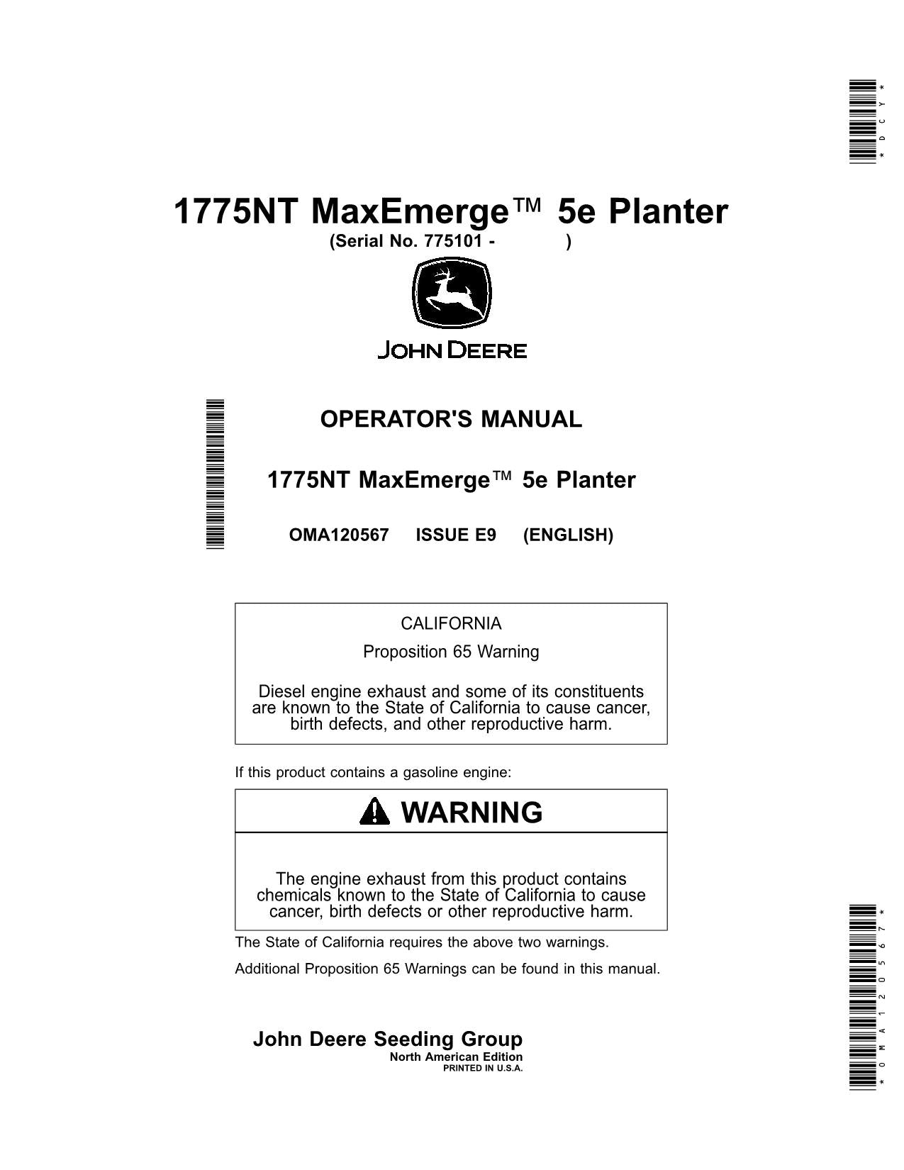 JOHN DEERE 1775NT MAXEMERGE 5E (NON CCS) PLANTER OPERATORS MANUAL