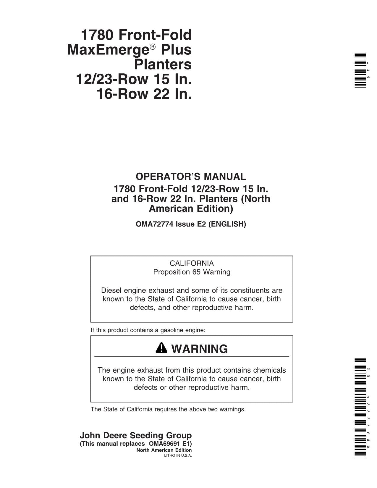 JOHN DEERE 1780 PLANTER OPERATORS MANUAL #1