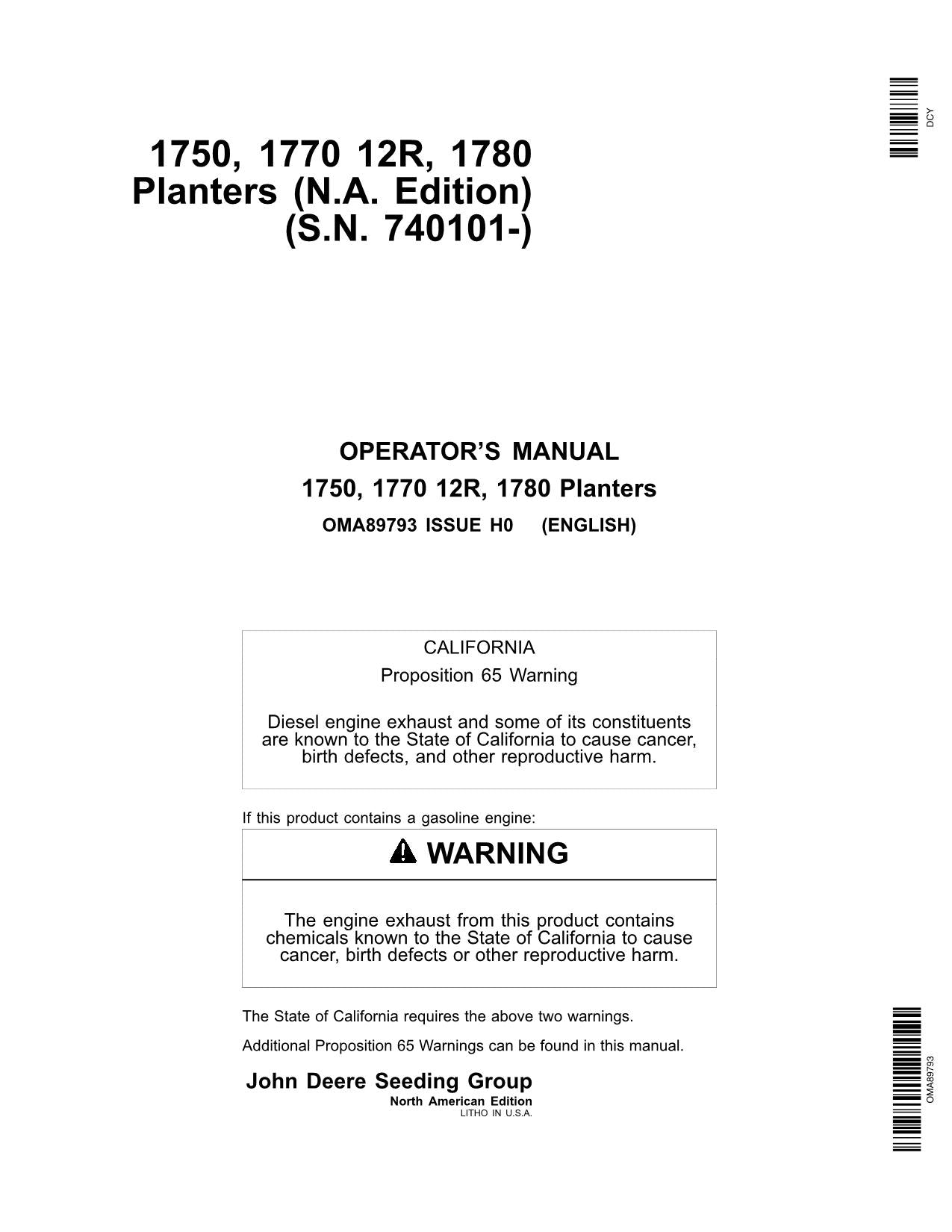 JOHN DEERE 1750 1780 PLANTER OPERATORS MANUAL