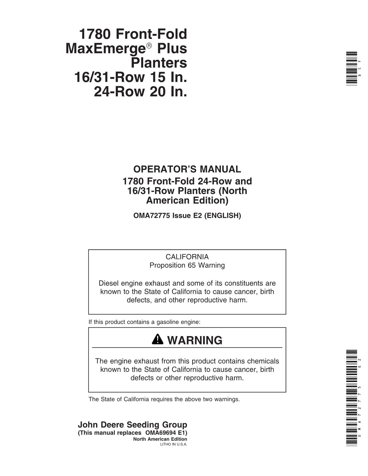 JOHN DEERE 1780 PLANTER OPERATORS MANUAL #3