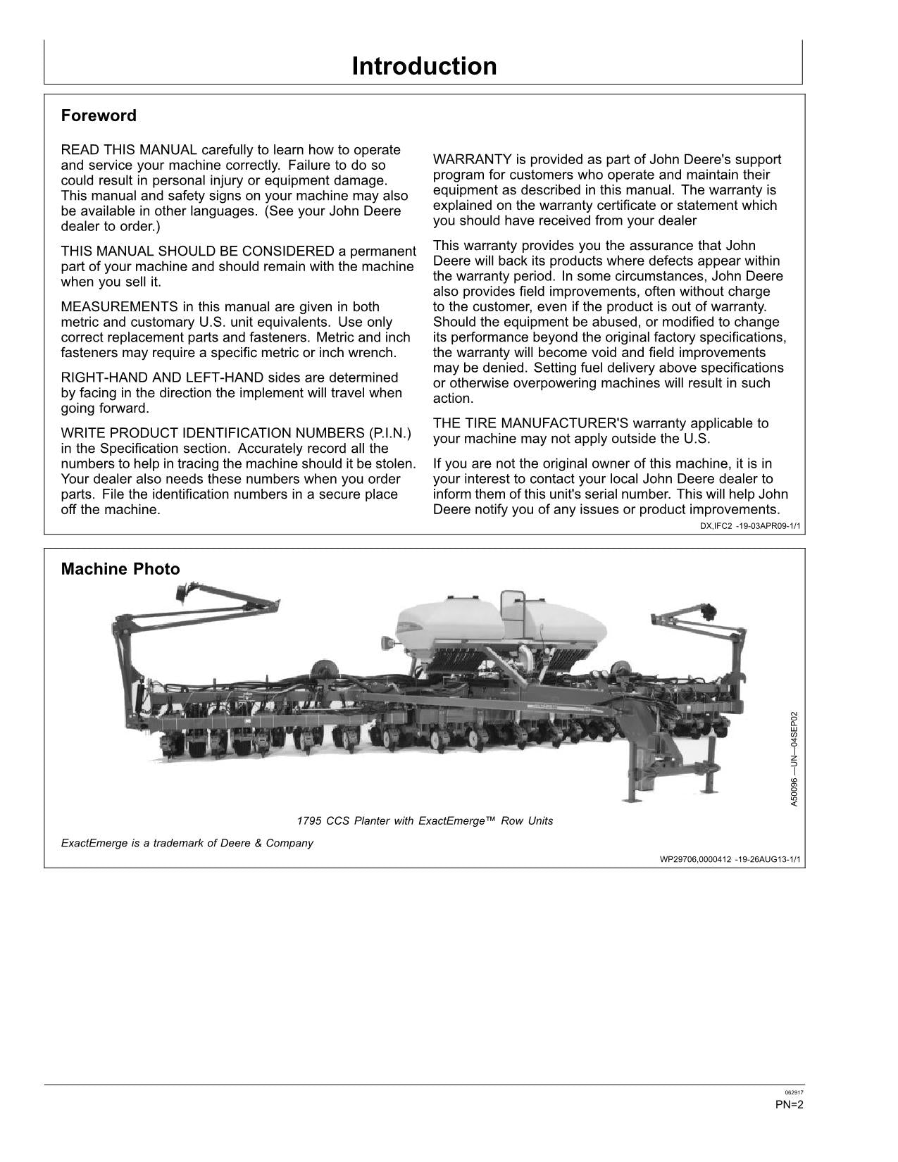 JOHN DEERE 1795 PFLANZMASCHINE BEDIENUNGSANLEITUNG NR. 1