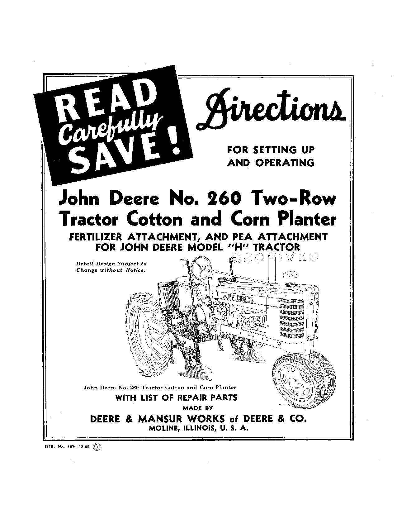 JOHN DEERE 260 H PLANTER OPERATORS MANUAL