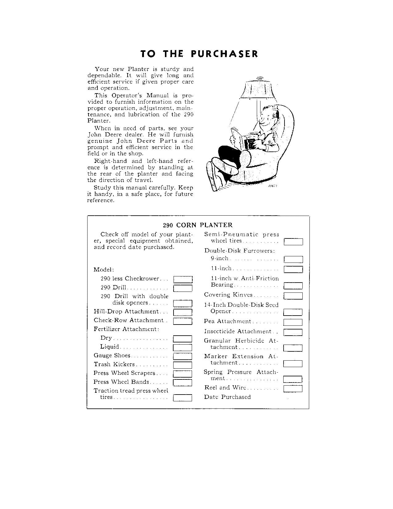 JOHN DEERE 290 PLANTER OPERATORS MANUAL