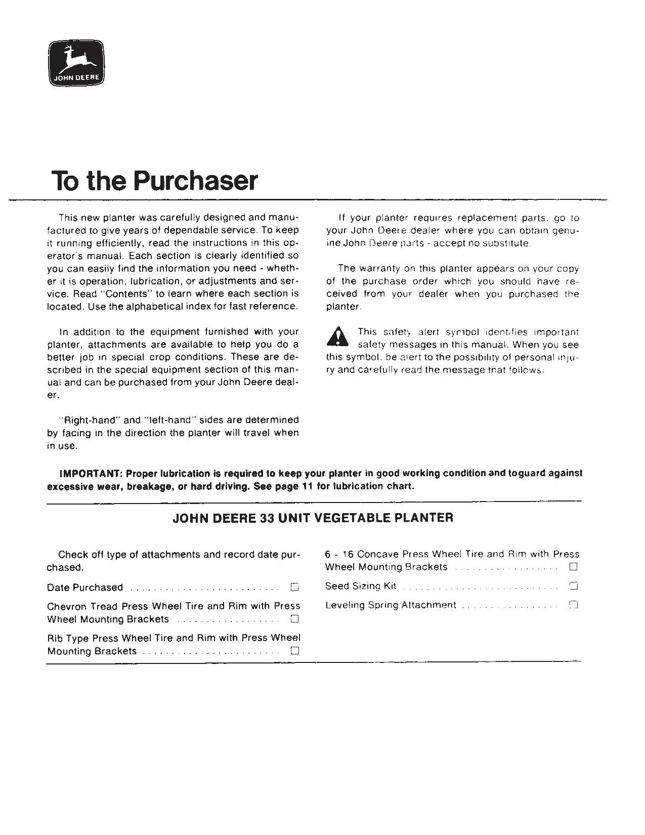 JOHN DEERE 33 PLANTER OPERATORS MANUAL