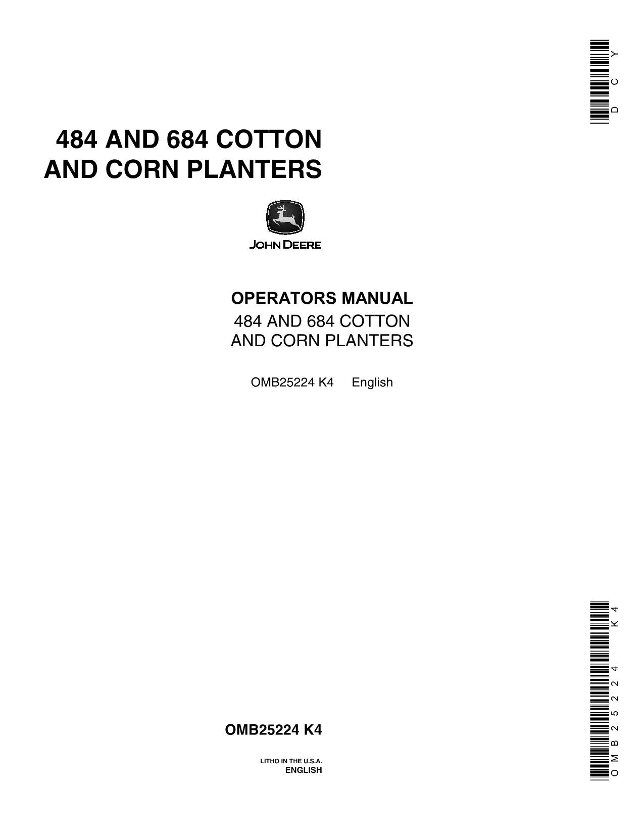 JOHN DEERE 484 684 PLANTER OPERATORS MANUAL