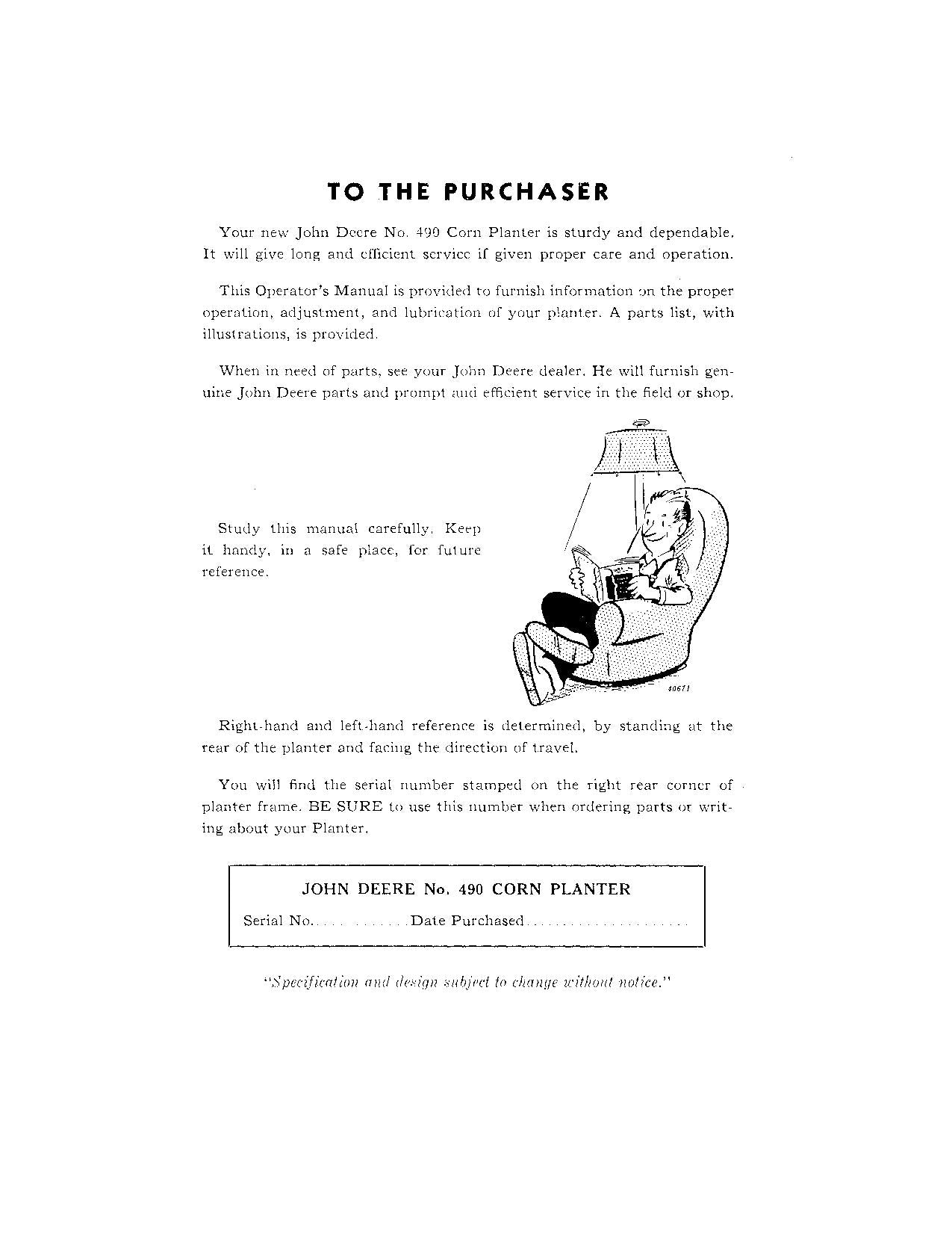 JOHN DEERE 490 PLANTER OPERATORS MANUAL