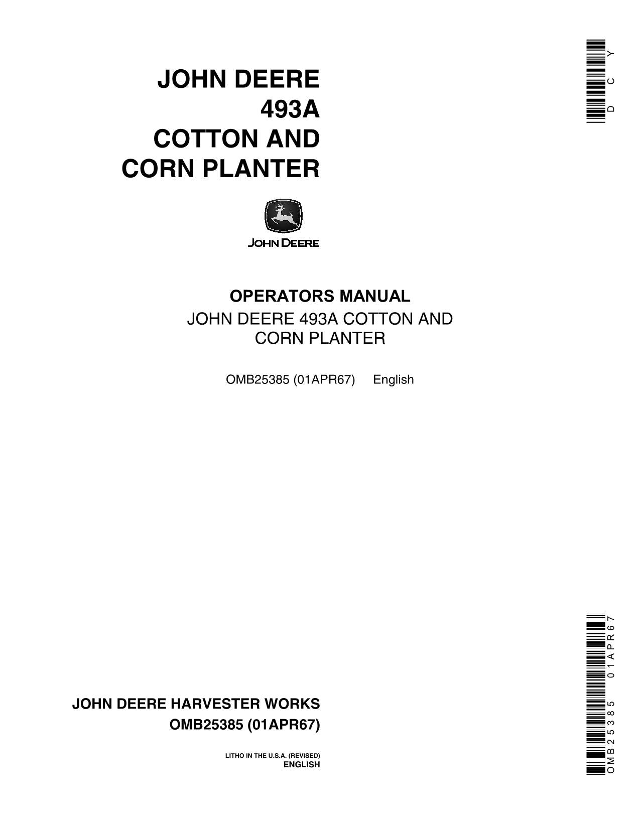 JOHN DEERE 493A PLANTER OPERATORS MANUAL