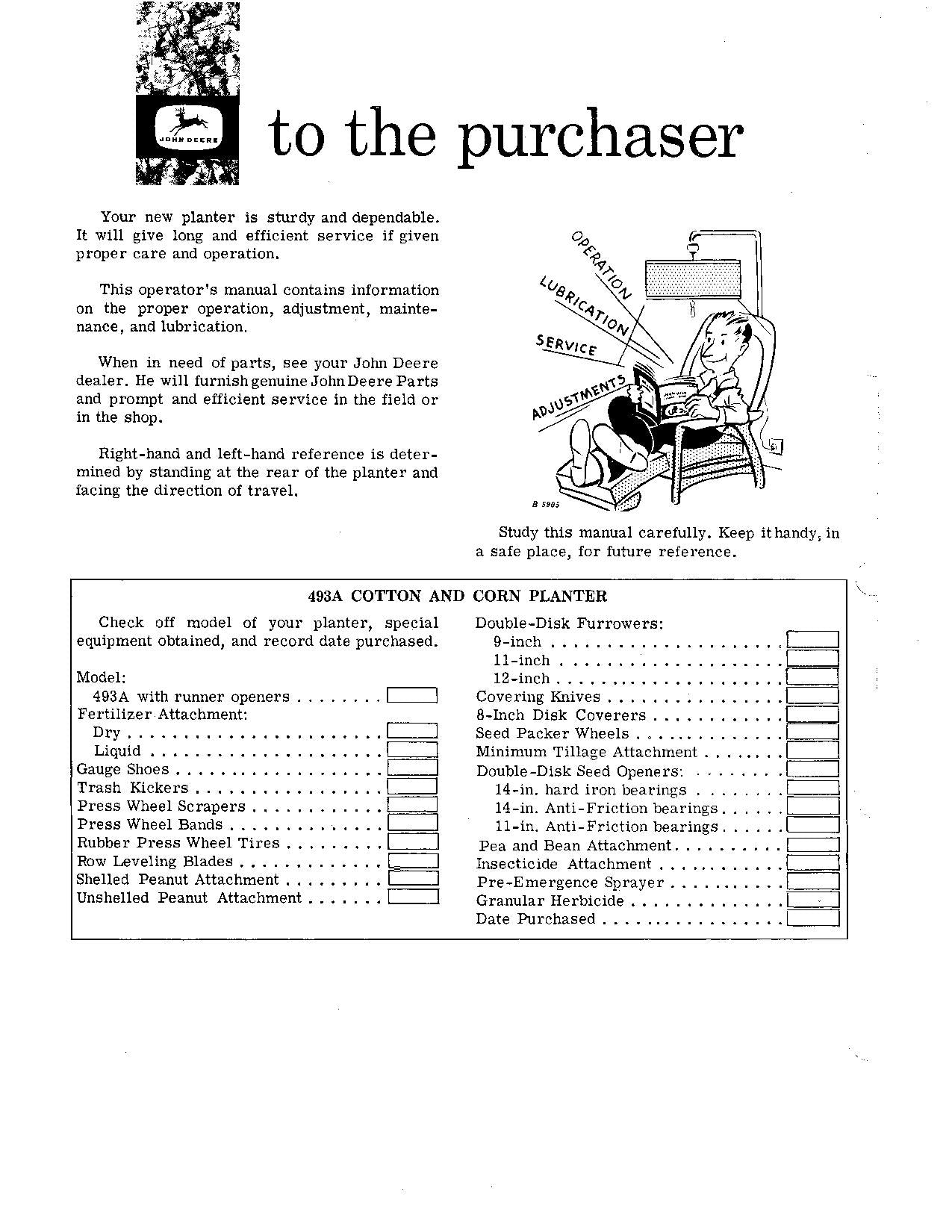 JOHN DEERE 493A PLANTER OPERATORS MANUAL