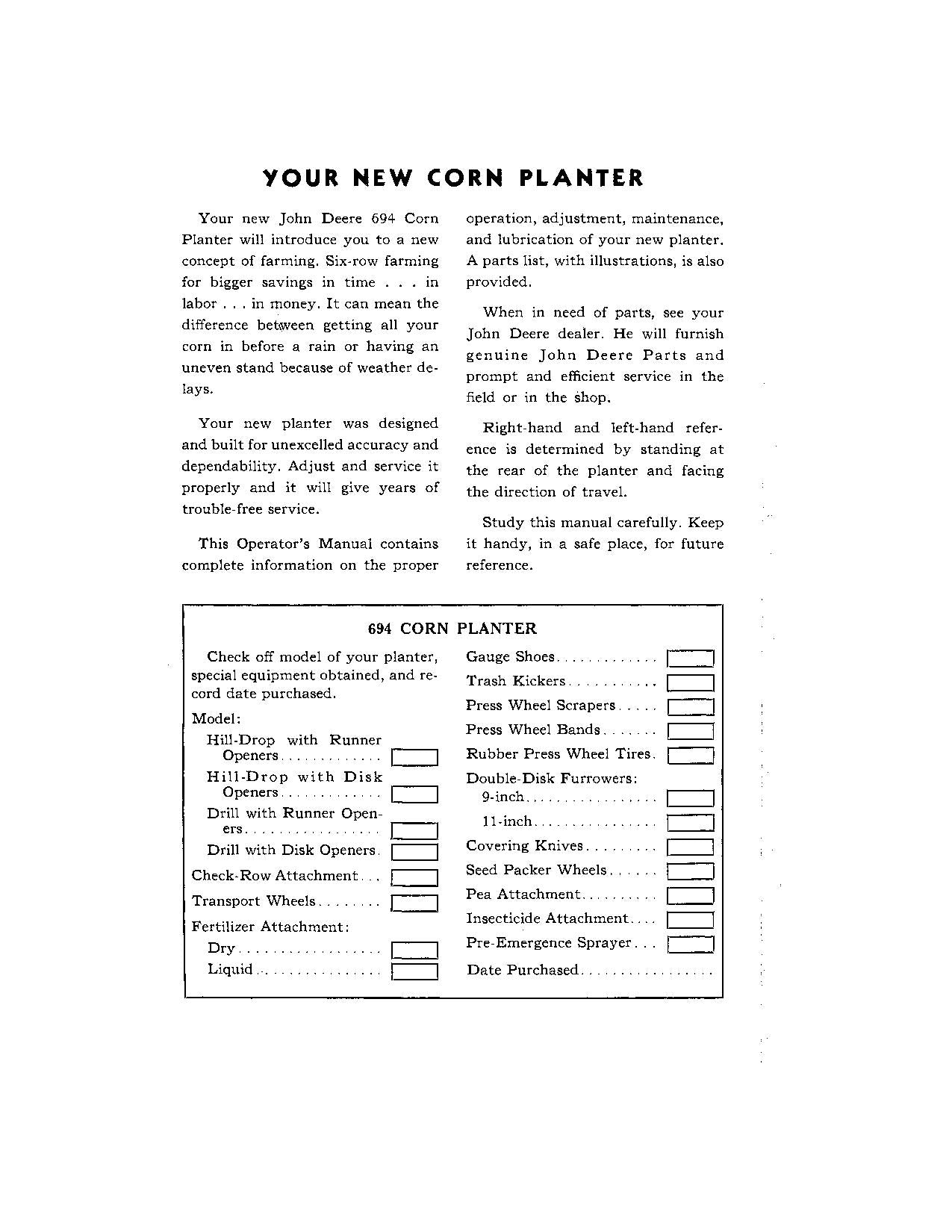 JOHN DEERE 694 PLANTER OPERATORS MANUAL