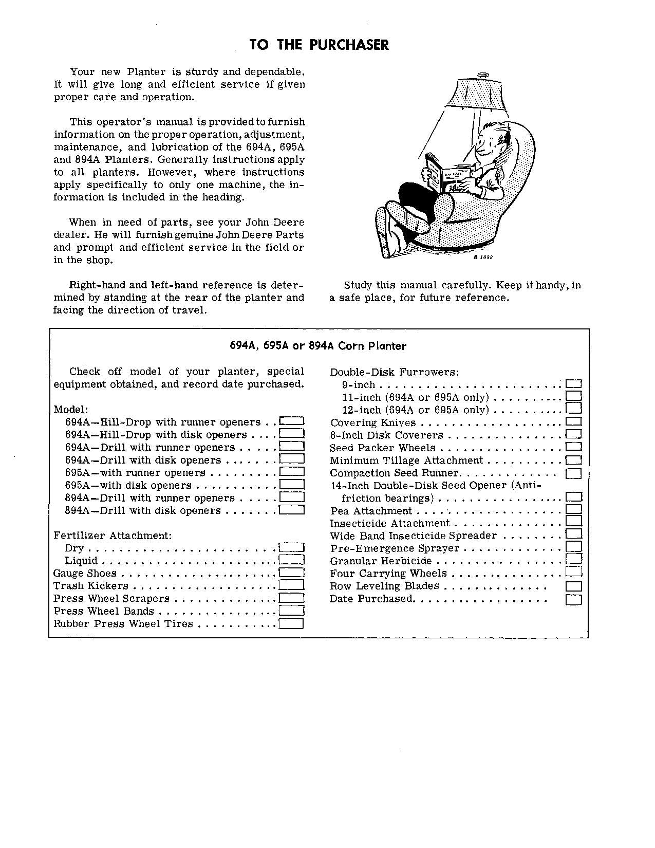 JOHN DEERE 694A 695A 894A PLANTER OPERATORS MANUAL #1