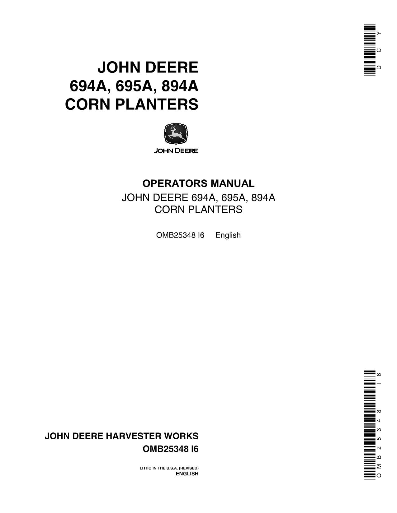 JOHN DEERE 694A 695A 894A PLANTER OPERATORS MANUAL #1